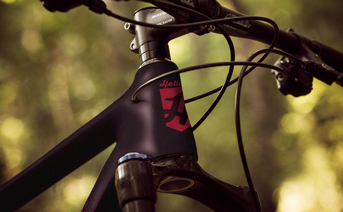 Heller Bloodhound: Close-up view of a mountain bike's frame featuring a red logo on the top tube, with handlebars, cables, and a blurred forest background. The focus is on the bike's design and details.