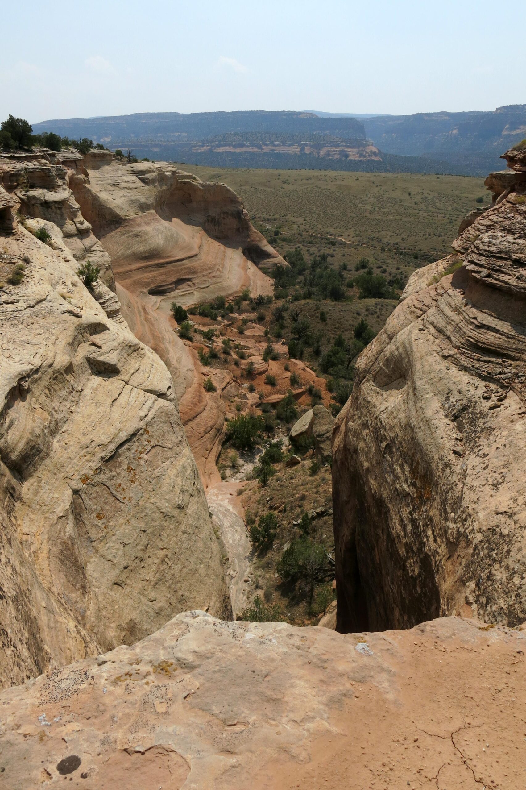 A panoramic view of a rocky canyon landscape, featuring layered sandstone formations and sparse vegetation. The scene captures the depth of the canyon as it stretches into the distance under a clear blue sky. Mary's Loop / Horsethief Bench mountain bike trail.