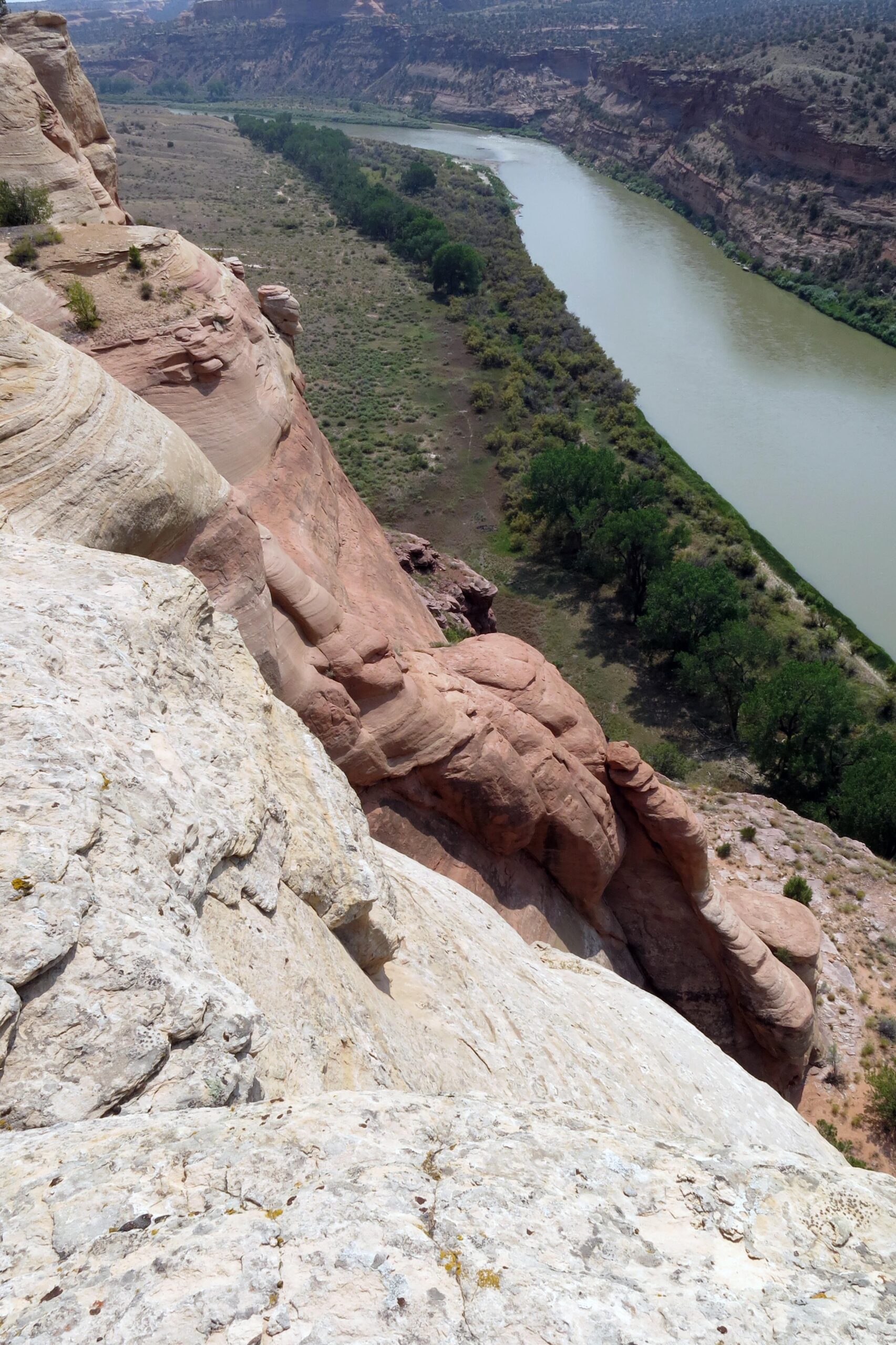 Aerial view of a river winding through a rocky landscape with red and beige sandstone cliffs. The riverbanks are lined with greenery, and the scene captures the contrast between the rugged terrain and the smooth water of the river below. Mary's Loop / Horsethief Bench mountain bike trail.