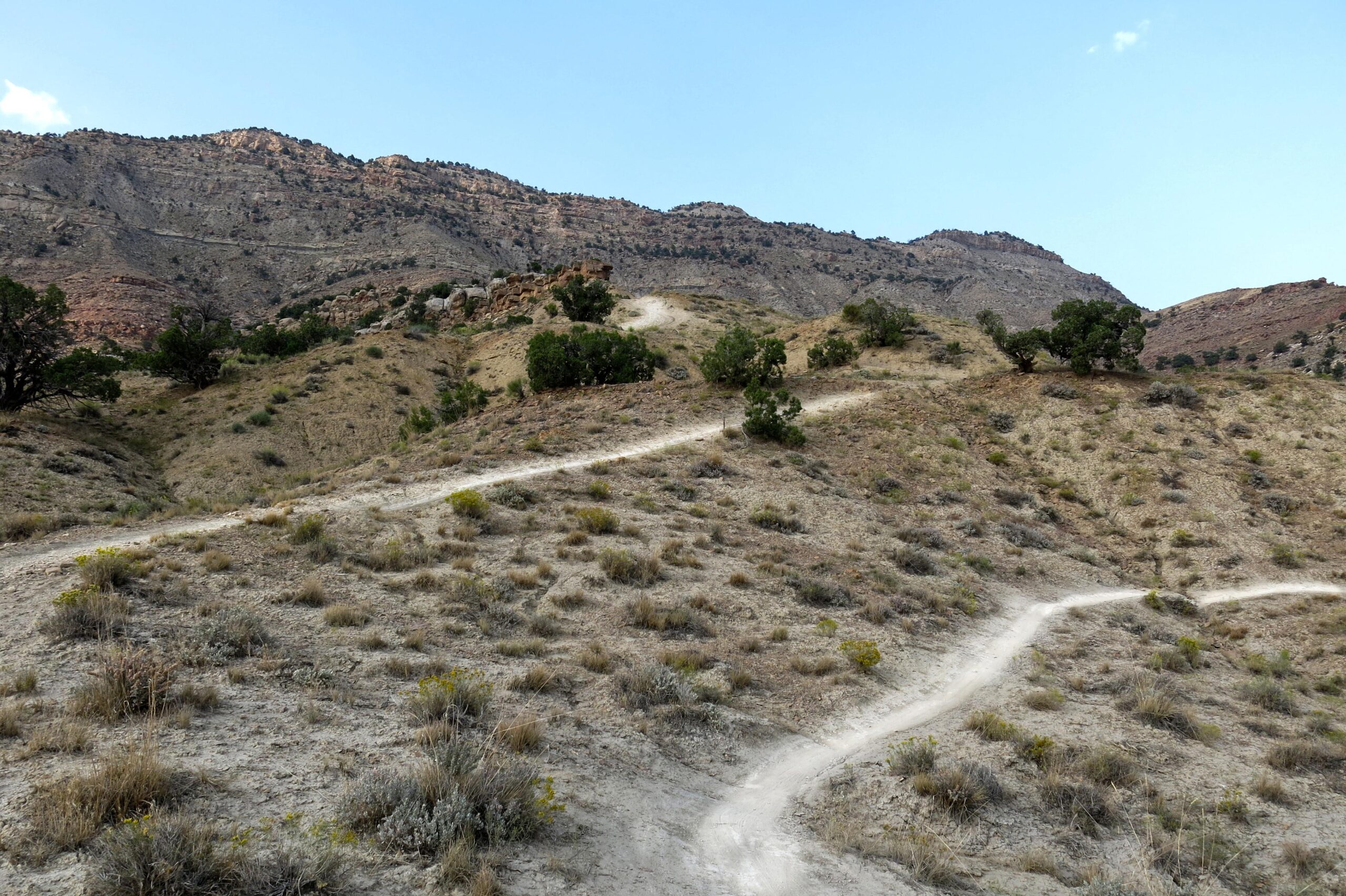 A winding dirt path leads through a hilly, arid landscape dotted with sparse vegetation and small trees, set against a backdrop of rugged mountains under a clear blue sky. 18 Road Trails / North Fruita Desert mountain bike trail.