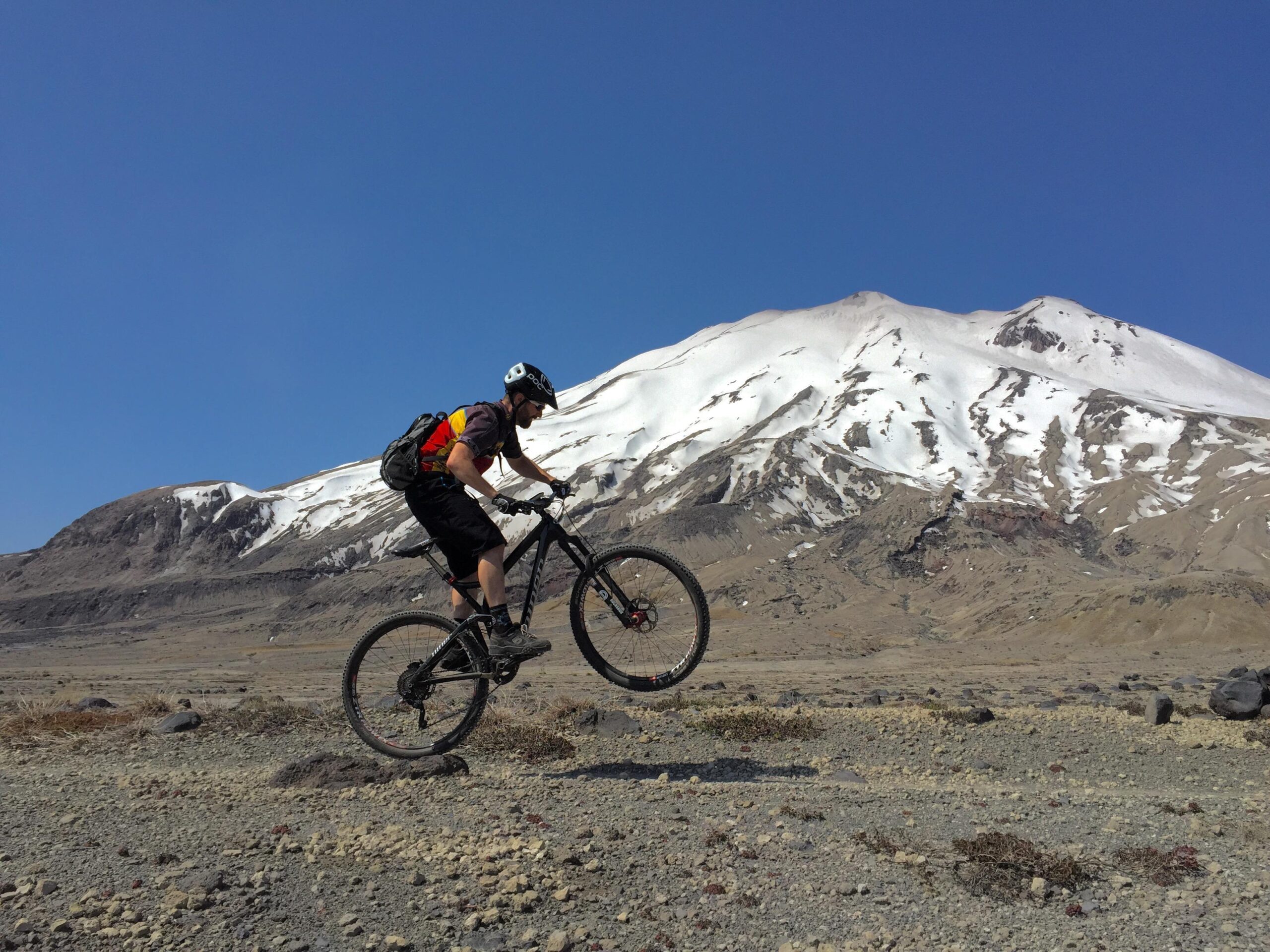 Niner R.I.P. 9 RDO: A mountain biker performing a jump on a rocky terrain with a snow-capped mountain in the background under a clear blue sky. The biker is wearing a helmet and backpack, showcasing an adventurous outdoor activity in a rugged landscape.