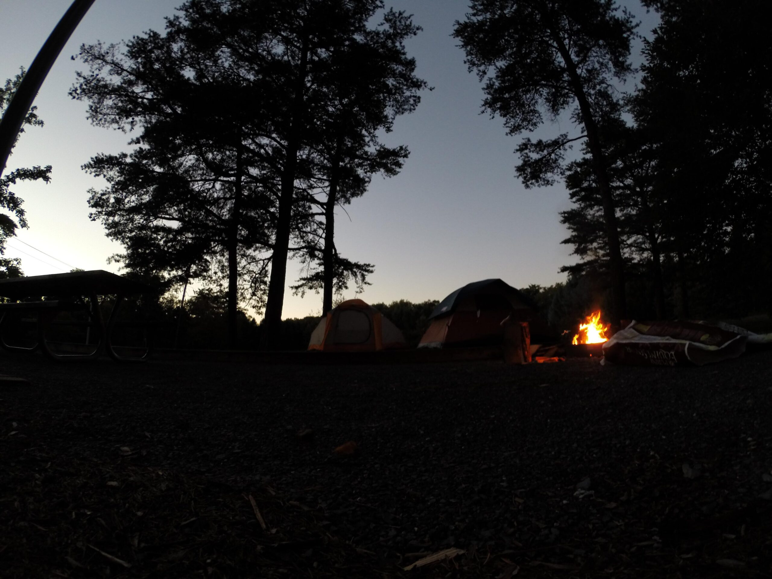 A campsite at dusk featuring two tents, a picnic table, and a campfire surrounded by tall trees. The sky is darkening, indicating the approach of night. Allegrippis Trails mountain bike trail.