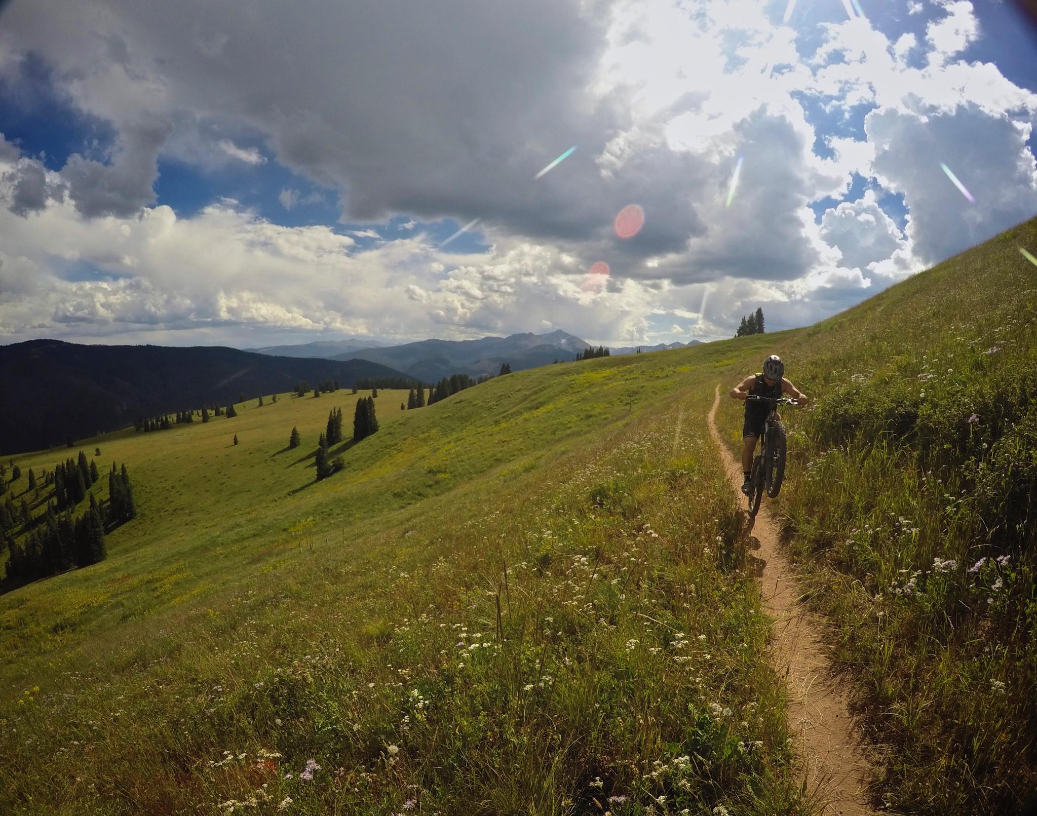 A mountain biker riding along a narrow dirt path through a lush, green landscape, surrounded by rolling hills and distant mountains under a partly cloudy sky. Wildflowers and tall grass line the trail, adding to the scenic view. Vail Mountain Bike Park mountain bike trail.