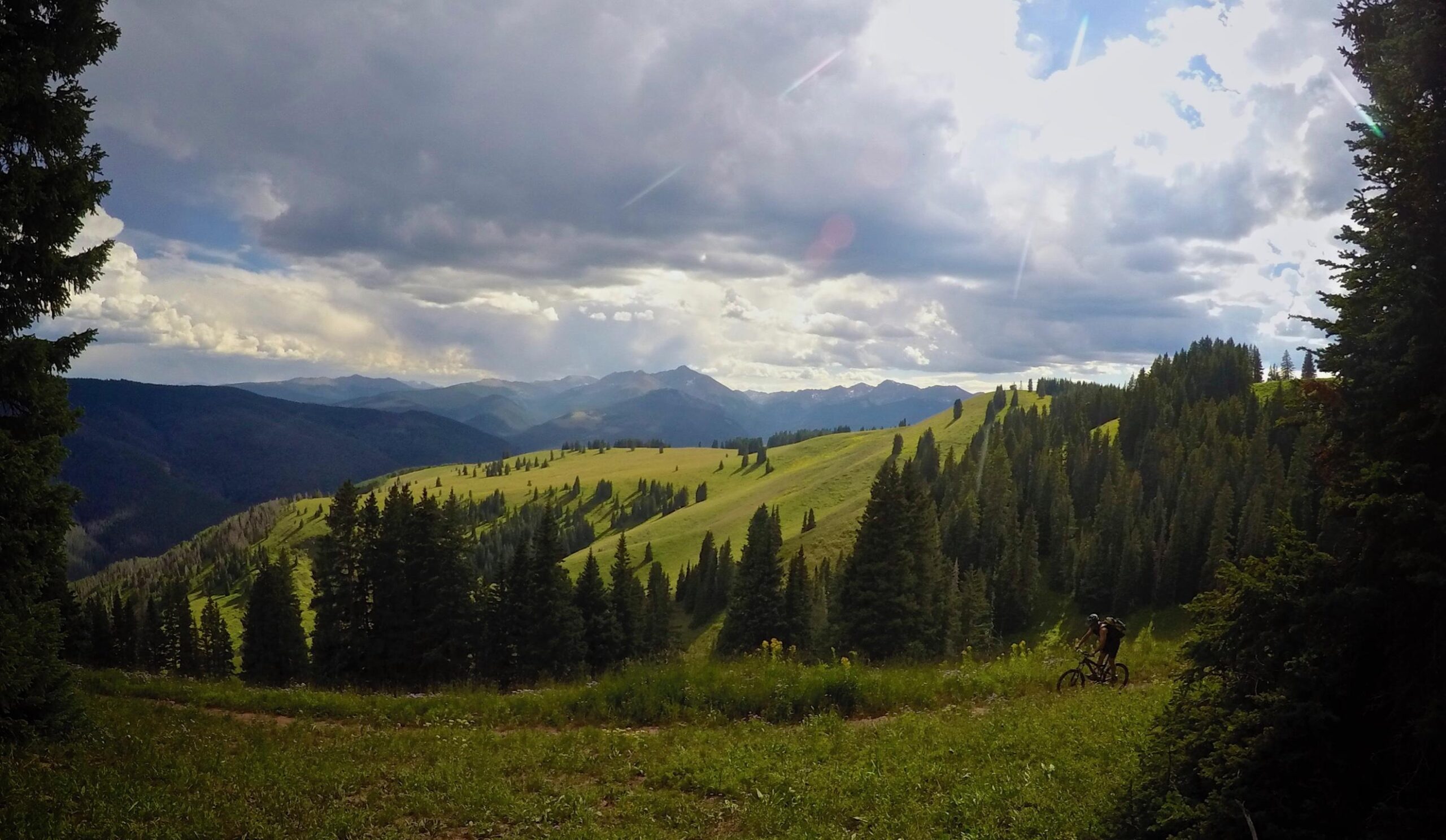 A scenic landscape showing rolling green hills and dense forests under a partly cloudy sky. In the foreground, a mountain biker navigates a dirt trail, surrounded by vibrant greenery and coniferous trees. The distant mountains create a dramatic backdrop, adding depth to the serene outdoor setting. Vail Mountain Bike Park mountain bike trail.