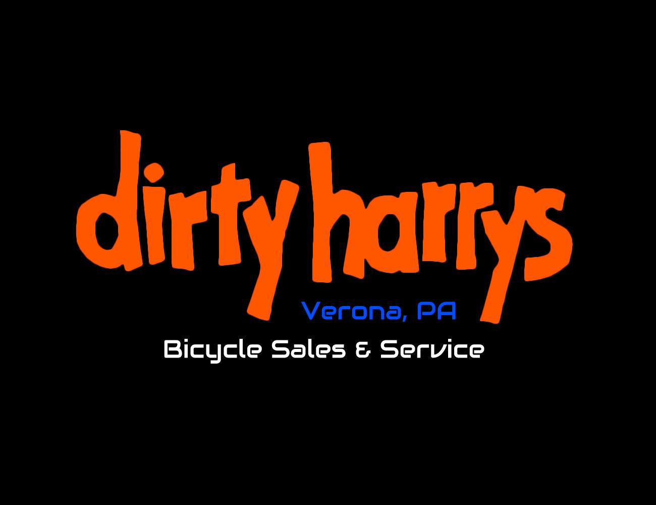 Logo for Dirty Harry's, a bicycle sales and service shop located in Verona, PA, featuring bold orange lettering on a black background with a blue subtitle indicating the services offered.