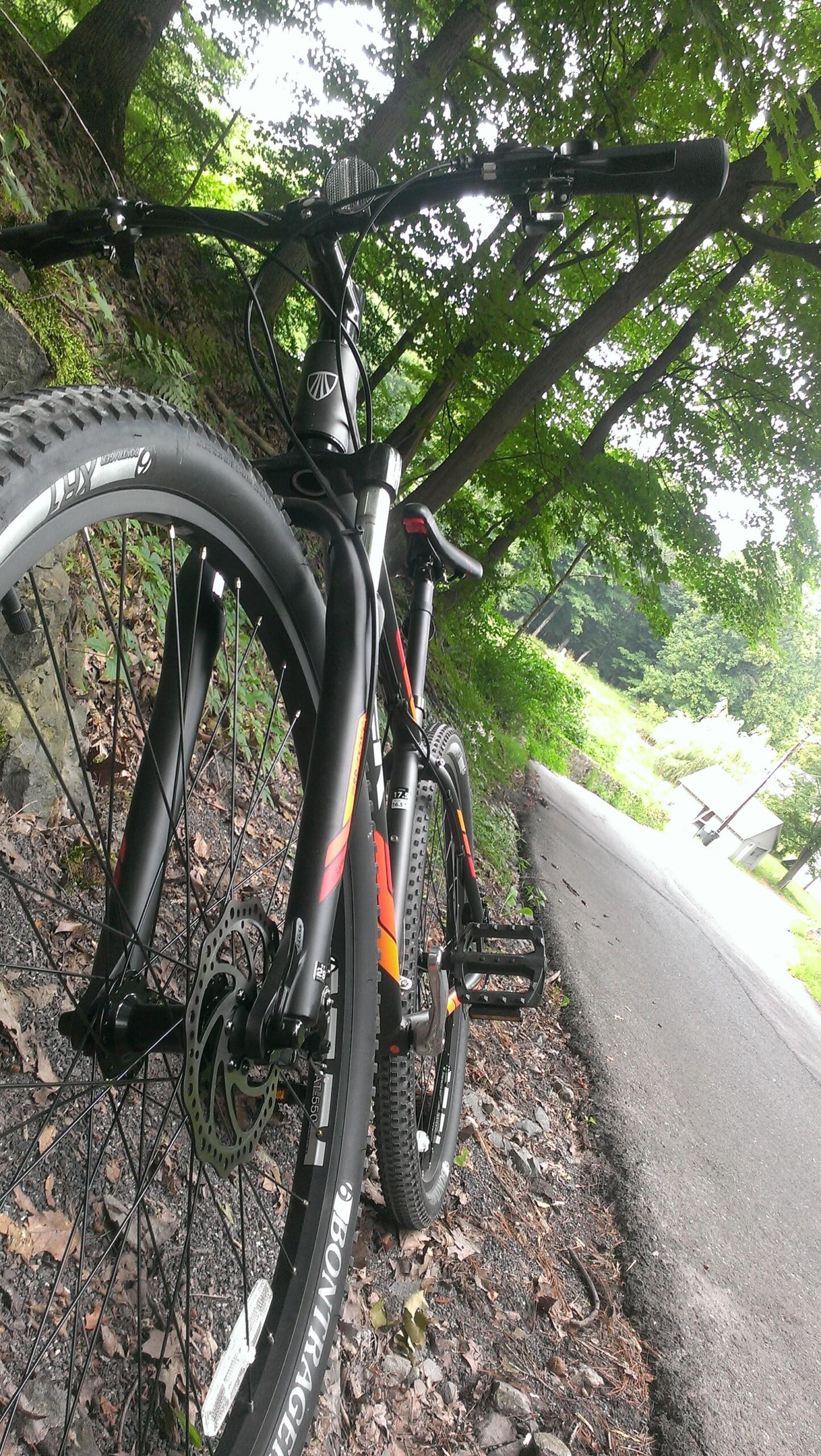 Trek Marlin 5 29er: A mountain bike resting on a gravel path surrounded by trees. The image shows the bike from a low angle, highlighting its frame, handlebars, and tire treads, with a backdrop of green foliage and a nearby road.