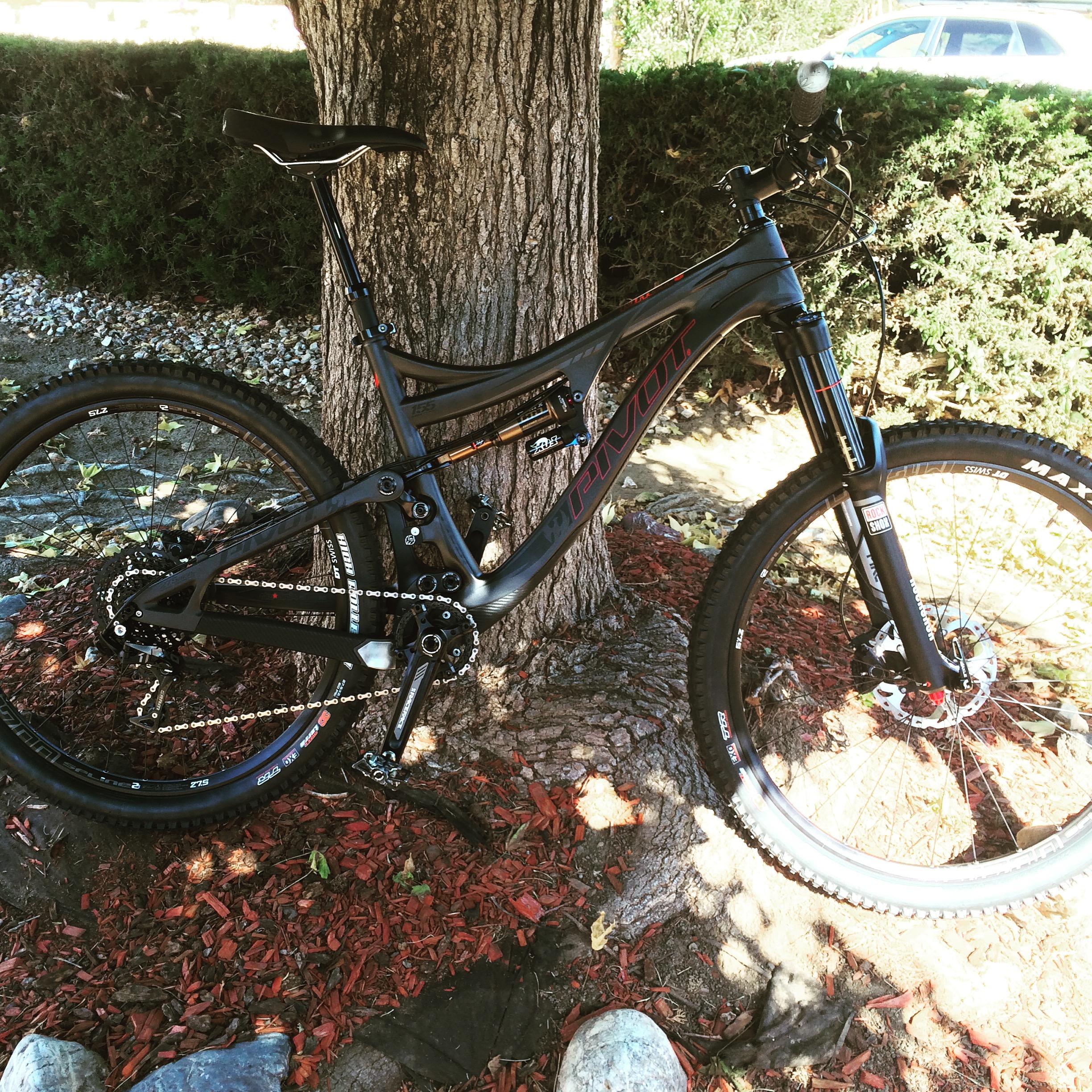 Pivot Mach 6 Carbon: A black mountain bike with the brand name "Pivot" displayed on the frame, leaning against a tree. The bike features wide tires, a detailed gear system, and a modern design, surrounded by red mulch and patches of grass.