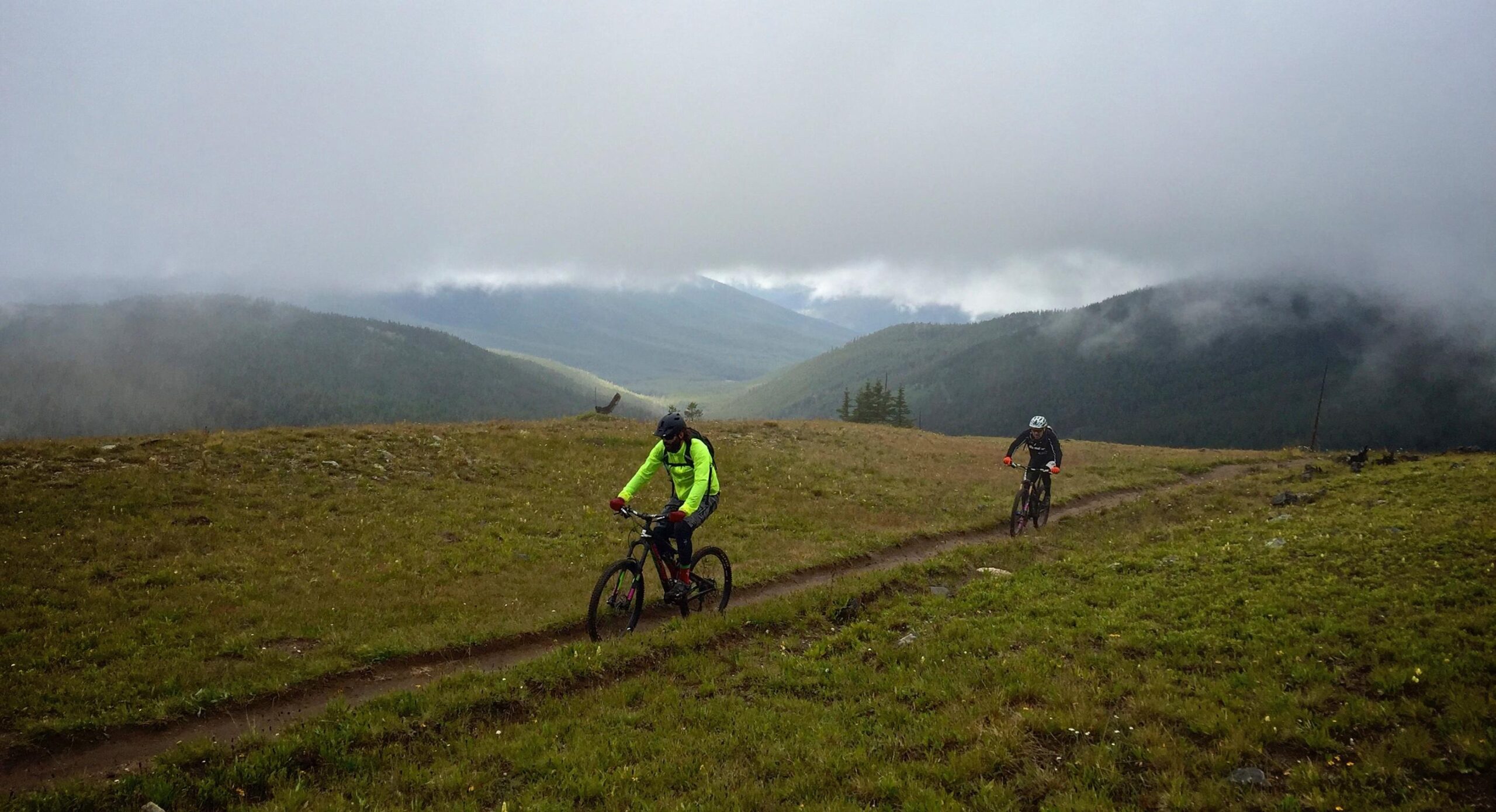 Two mountain bikers ride along a dirt trail through a grassy landscape with rolling hills and misty mountains in the background. The scene is overcast, creating a moody atmosphere, and wildflowers are scattered in the foreground. One biker is wearing a bright green jacket, while the other is dressed in darker clothing. Monarch Crest Trail mountain bike trail.