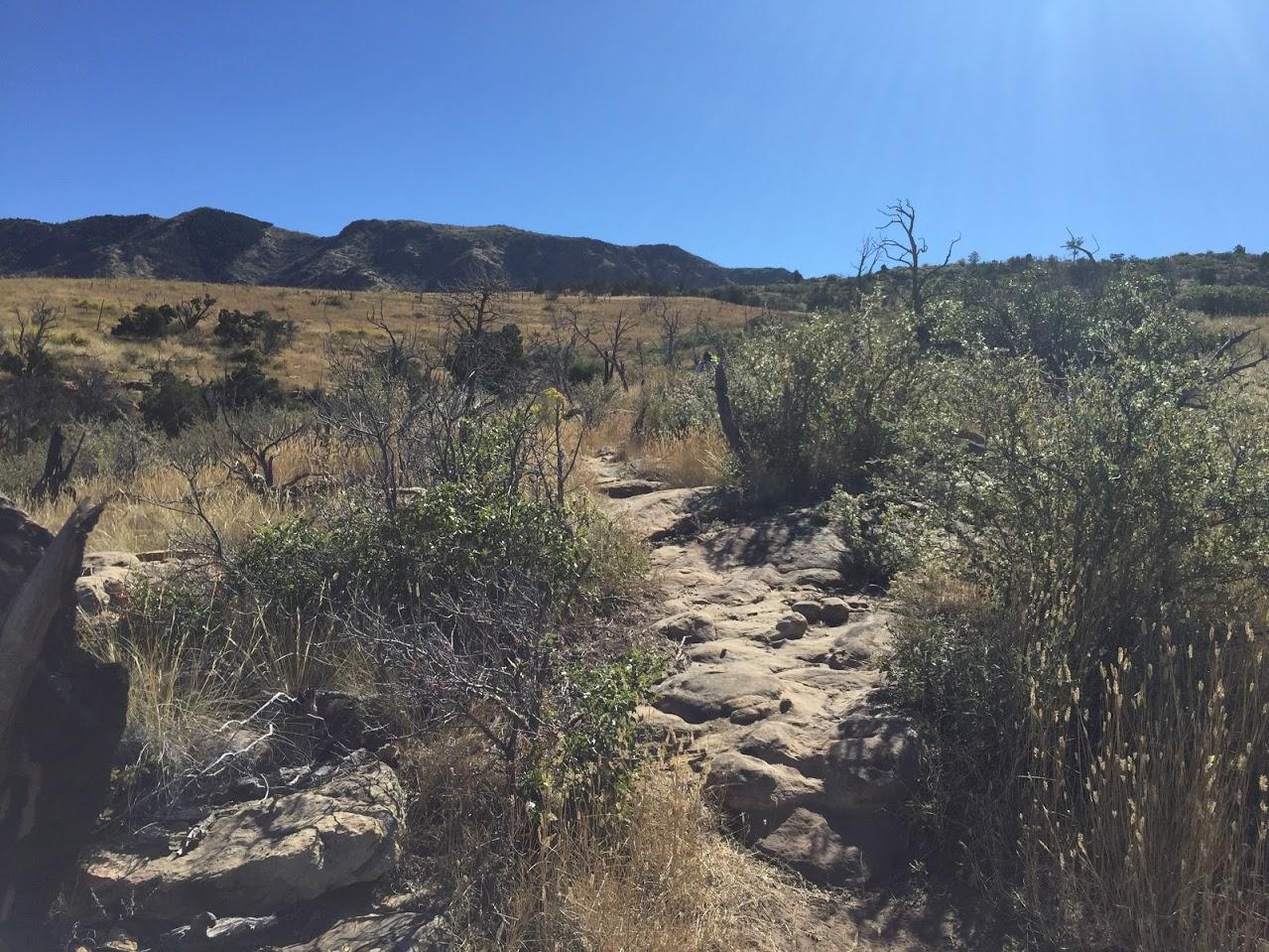 A rocky hiking path winding through a dry, grassy landscape with sparse vegetation and distant mountains under a clear blue sky. Oil Well Flats mountain bike trail.