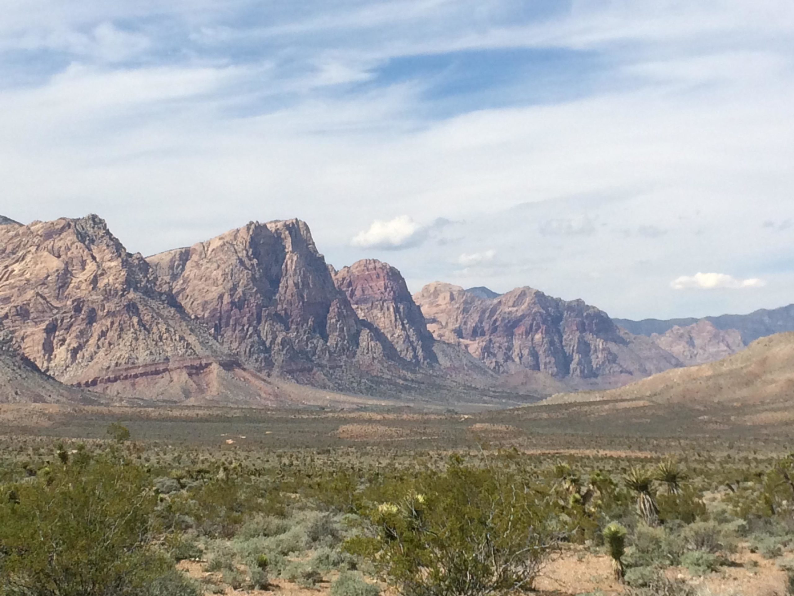 Landscape featuring rugged mountains with a mix of brown and reddish rock formations under a partly cloudy sky, surrounded by arid terrain and sparse vegetation. Cottonwood Valley North mountain bike trail.
