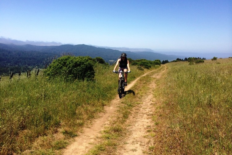 A person riding a mountain bike along a dirt trail surrounded by lush greenery, with a scenic view of rolling hills and a clear blue sky in the background.