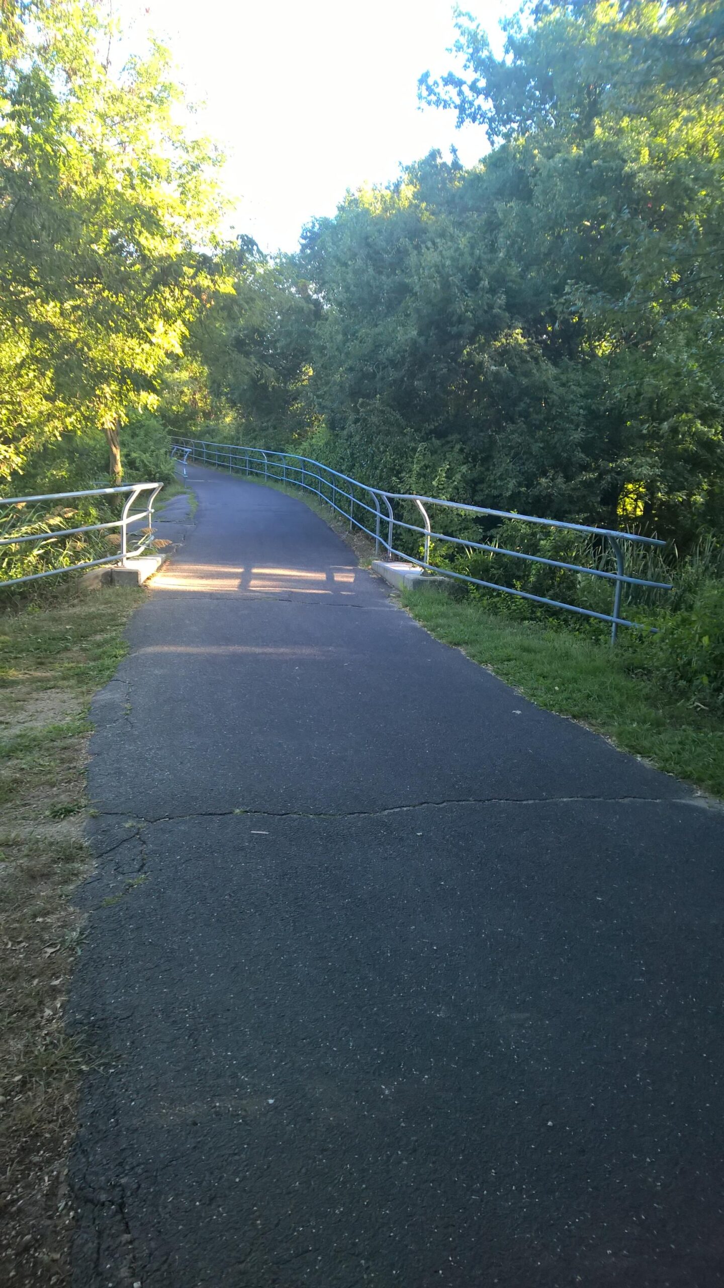 A paved walkway curving through a natural landscape, bordered by greenery and a blue railing. The scene is illuminated by soft sunlight, creating a peaceful and inviting atmosphere. Trail View State Park mountain bike trail.