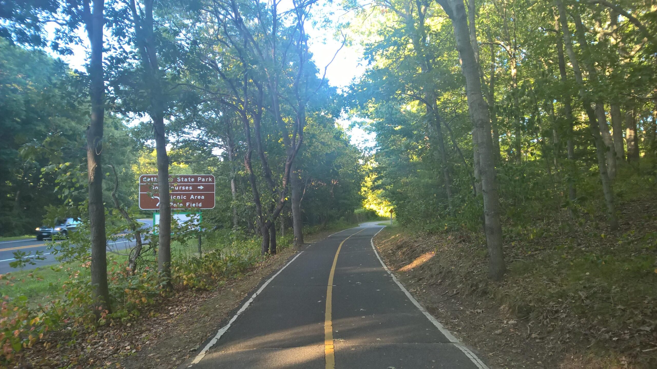 A winding path through a wooded area, with a brown directional sign pointing towards a state park on the left. The scene is sunny, showcasing trees lining the edges of the path and a glimpse of a road in the background. Trail View State Park mountain bike trail.
