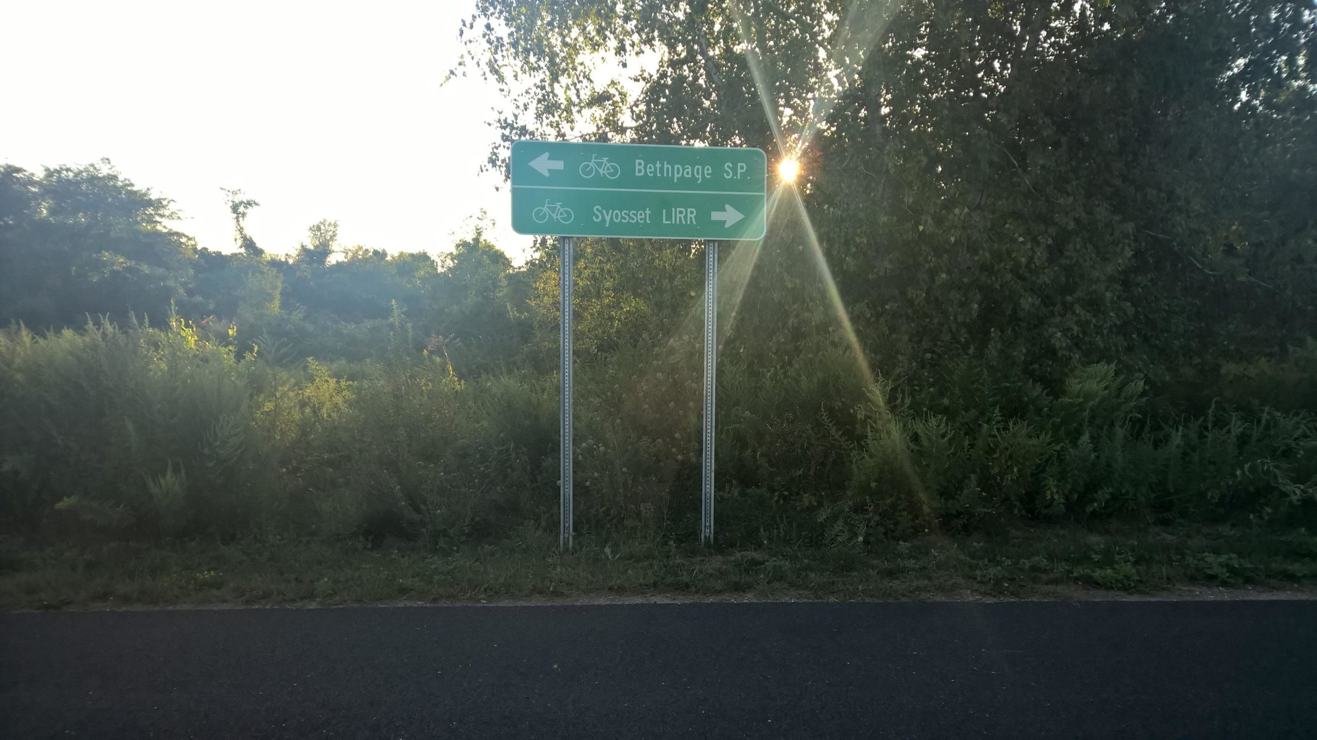 A green directional sign indicating bike routes to Bethpage State Park (Bethpage S.P.) and Syosset on the Long Island Rail Road (Syosset LIRR), surrounded by greenery and trees during sunset. Trail View State Park mountain bike trail.