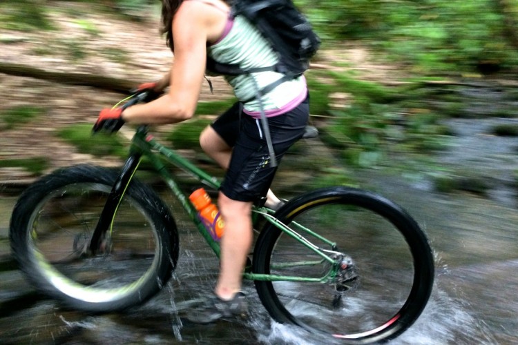 A cyclist navigating through a stream on a mountain bike, with water splashing around the tires. The rider wears a black backpack and is dressed in a striped tank top and black shorts, surrounded by a lush green forest.