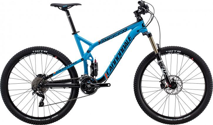 Cannondale Trigger: A blue Cannondale mountain bike featuring a dual suspension design, wide tires, and a modern frame. The bike is equipped with a front fork, disc brakes, and a gearing system suitable for off-road cycling.