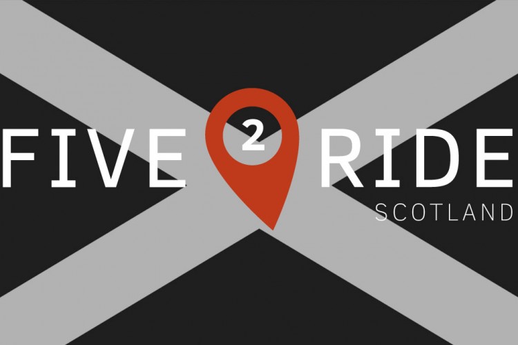 Logo design featuring the text "FIVE 2 RIDE SCOTLAND" with a location pin icon, set against a black background with a stylized Scottish flag design.
