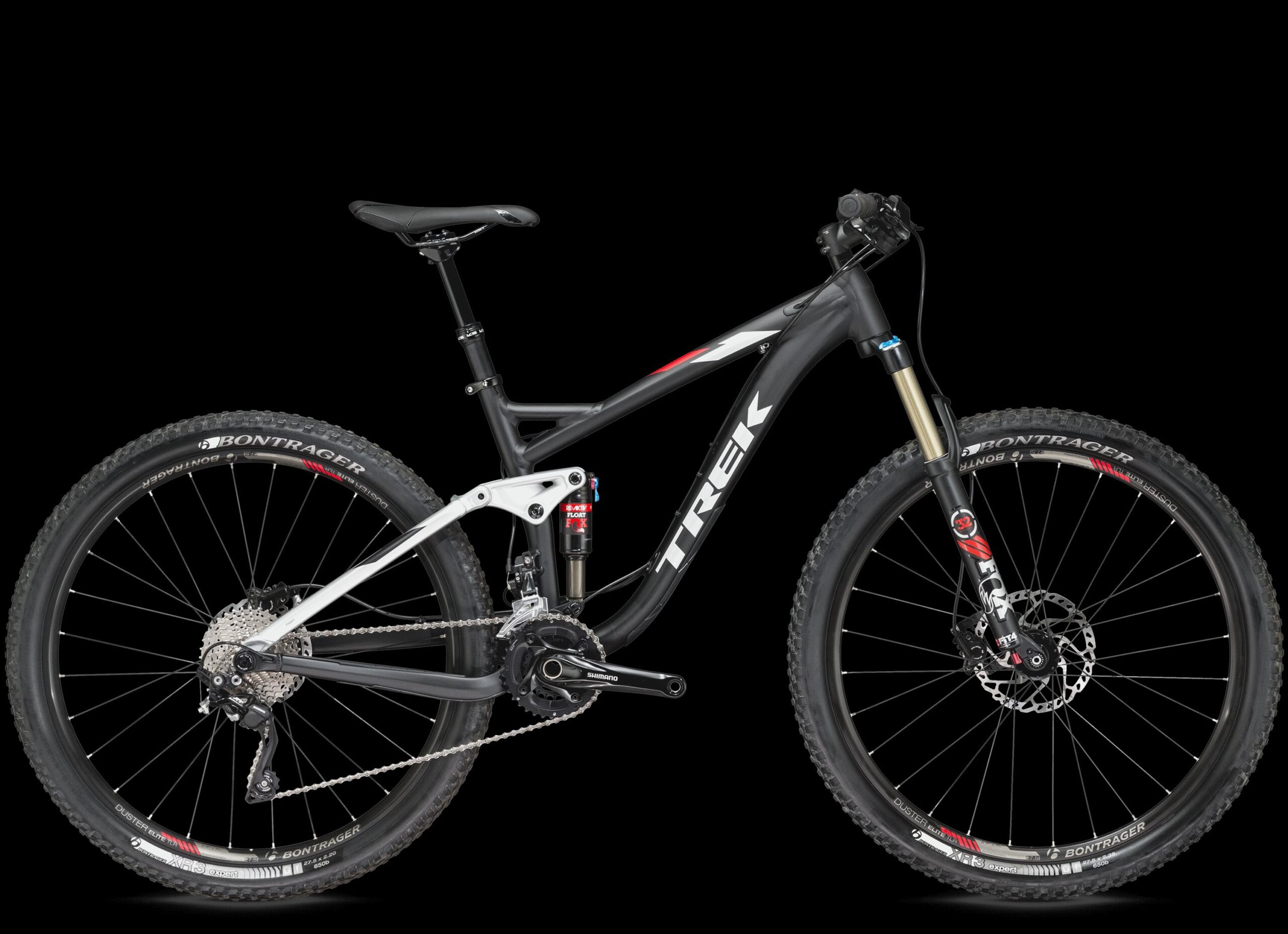 Trek Fuel EX 8: Alt text: A black and red mountain bike with a sleek design, featuring a lightweight frame, front suspension fork, and knobby tires. The bike is shown against a black background.