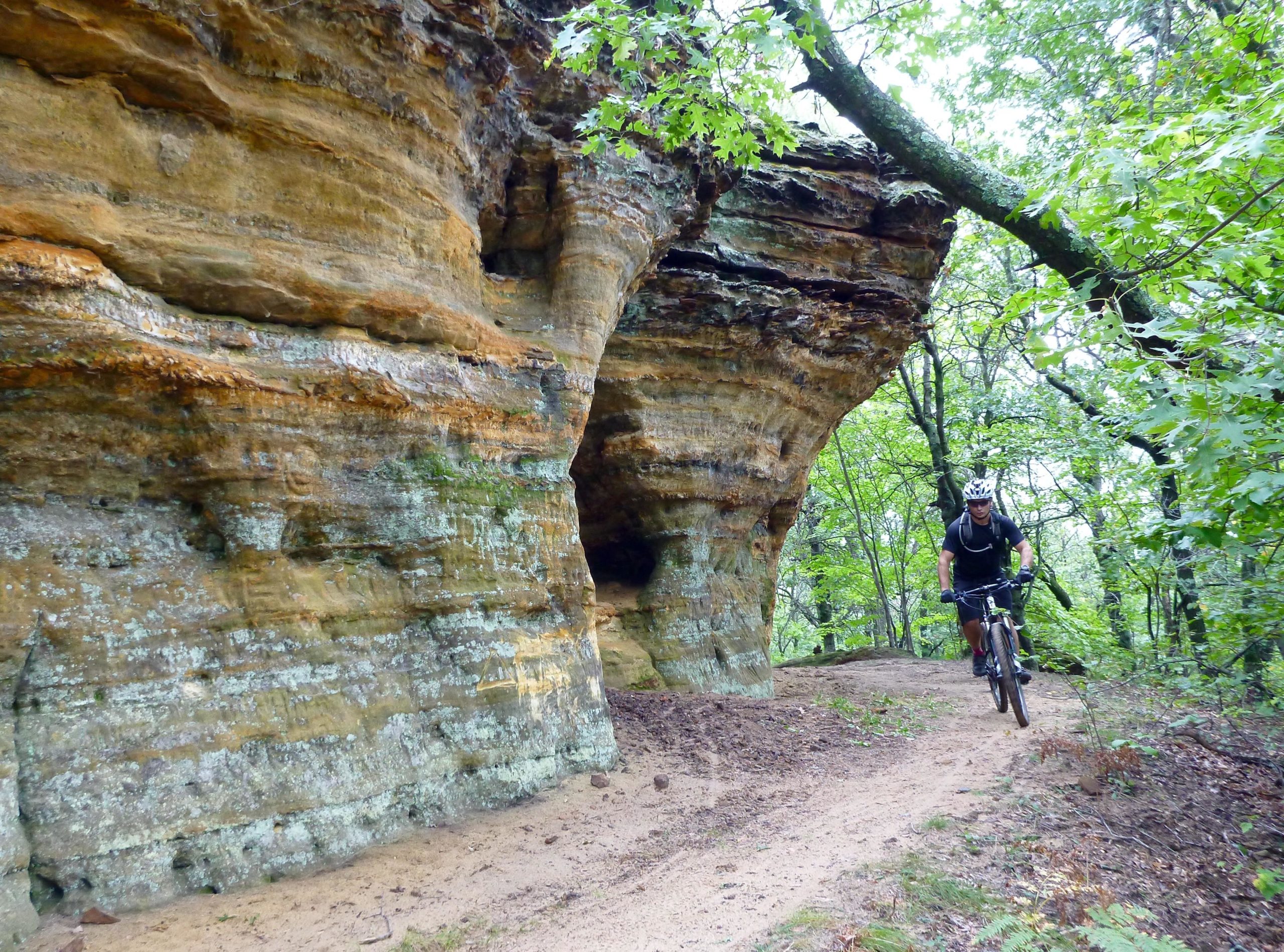 A mountain biker descends a dirt path alongside a large rock formation, surrounded by lush green trees. The cyclist, wearing a helmet and black attire, is captured mid-jump as they navigate the trail. The rocky outcrop features layered textures and varied earthy colors. Levis Mounds mountain bike trail.