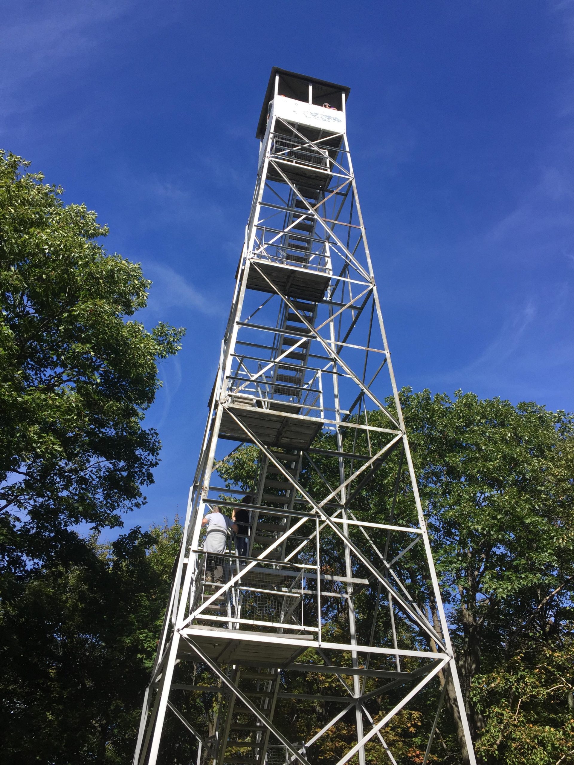 A tall metal observation tower surrounded by trees under a clear blue sky, with two individuals climbing the staircase. Beebe Hill State Forest mountain bike trail.