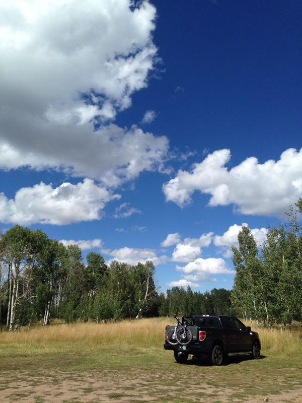 A black pickup truck parked on a grassy area surrounded by tall trees and vibrant green foliage, under a bright blue sky adorned with fluffy white clouds. Turkey Flats mountain bike trail.