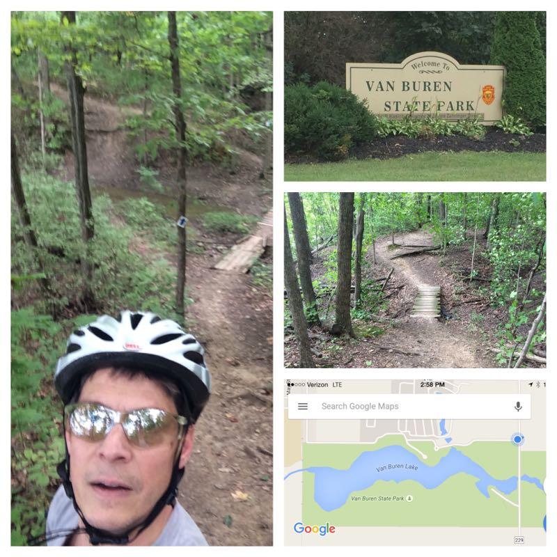 A collage featuring a person wearing a helmet and sunglasses in a forested area, with bike trails visible. The image includes a sign reading "Welcome to Van Buren State Park," a view of wooded paths, and a map showing Van Buren Lake and its surrounding area. Van  Buren mountain bike trail.