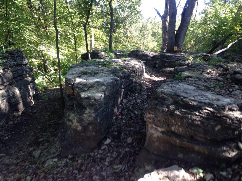 Rugged rock formations surrounded by lush green trees in a wooded area, with a visible pathway running through the rocks and fallen leaves scattered on the ground. Swope Park Trail mountain bike trail.
