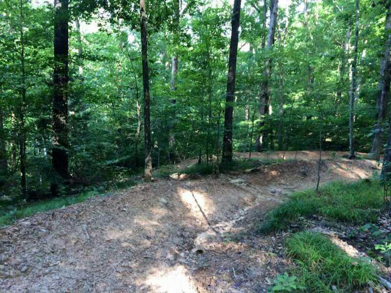 A winding dirt trail through a lush forest with green foliage, sunlight filtering through the trees. The path is bordered by grass and the ground is mostly clear of debris, indicating a well-maintained area for outdoor activities. Brier Creek mountain bike trail.