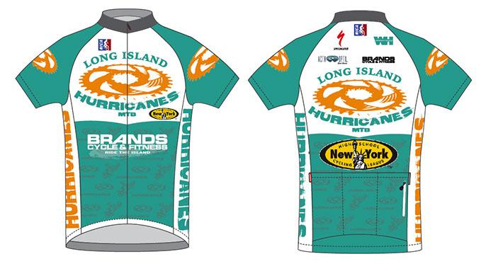 A cycling jersey featuring the design of the Long Island Hurricanes team. The jersey is predominantly teal with orange and white accents. The front displays the team name "LONG ISLAND HURRICANES" along with sponsorship logos from Brands Cycle & Fitness and other sponsors. The back of the jersey includes additional sponsorship details and a pocket for storage.