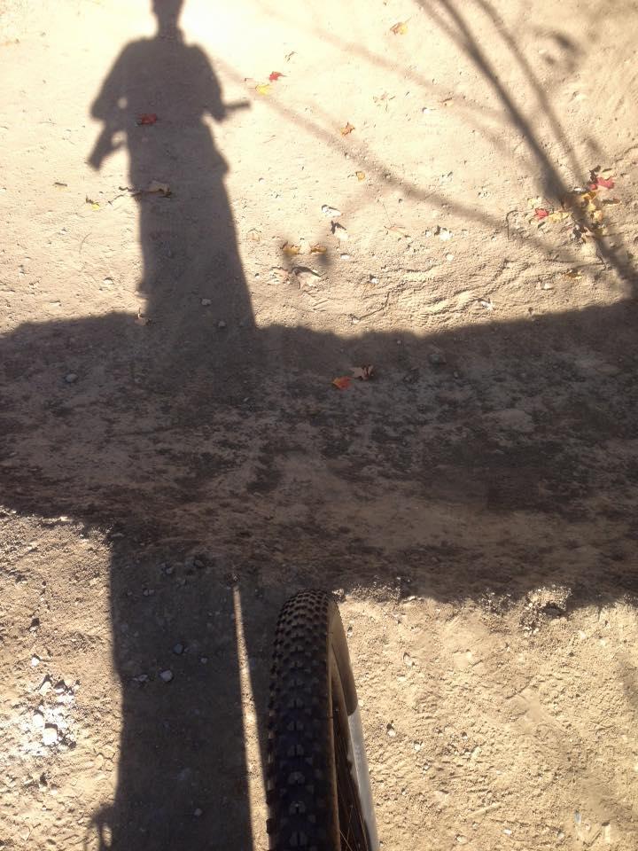 A close-up view of a dirt path with a bicycle tire in the foreground and a shadow of a person standing above it. The ground is sandy with some scattered leaves and small stones. Sunlight casts a warm glow on the scene. Novi Tree Farm (Lakeshore Park) mountain bike trail.