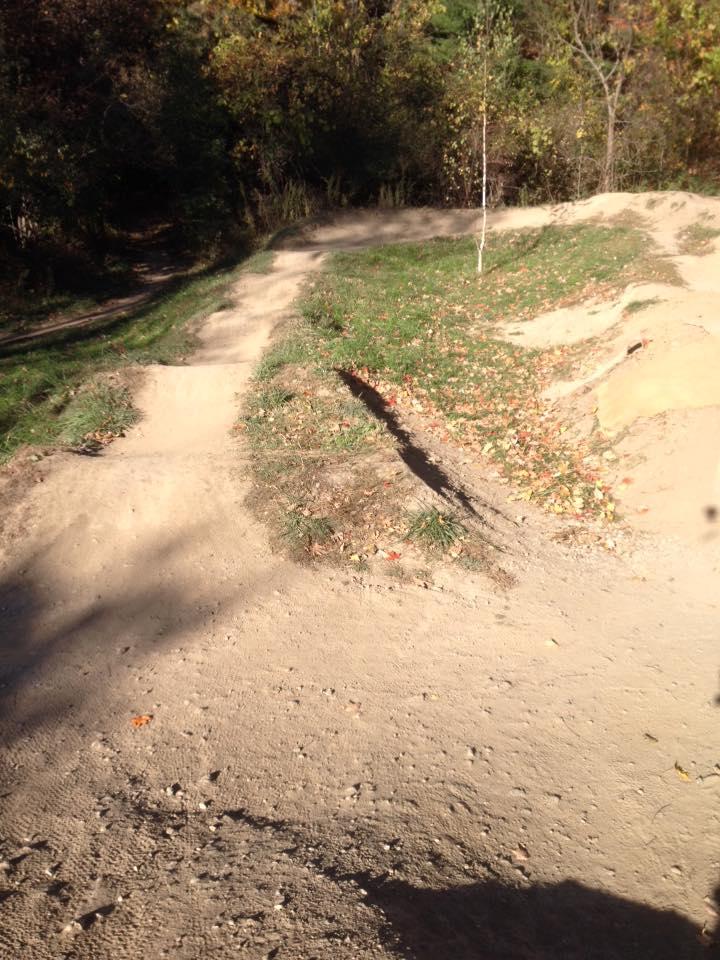 A dirt bike trail with a winding path, featuring several turns and small mounds. Surrounding vegetation includes patches of grass and scattered autumn leaves, with trees partially obscuring the background. The trail appears well-used and is set in a natural, wooded area. Novi Tree Farm (Lakeshore Park) mountain bike trail.