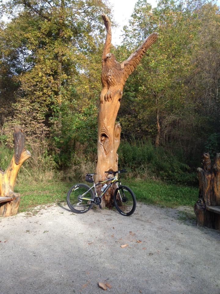 A mountain bike leaning against a carved wooden sculpture of an eagle, surrounded by a natural setting of trees and greenery. Two additional wooden benches are visible nearby in a gravel area. Morton-Taylor Trail mountain bike trail.