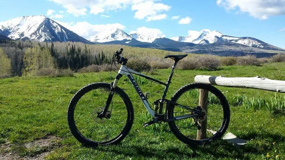 Giant Anthem: A mountain bike resting on a wooden fence in a scenic landscape featuring lush green grass, surrounded by trees and a backdrop of snow-capped mountains under a blue sky with fluffy clouds.