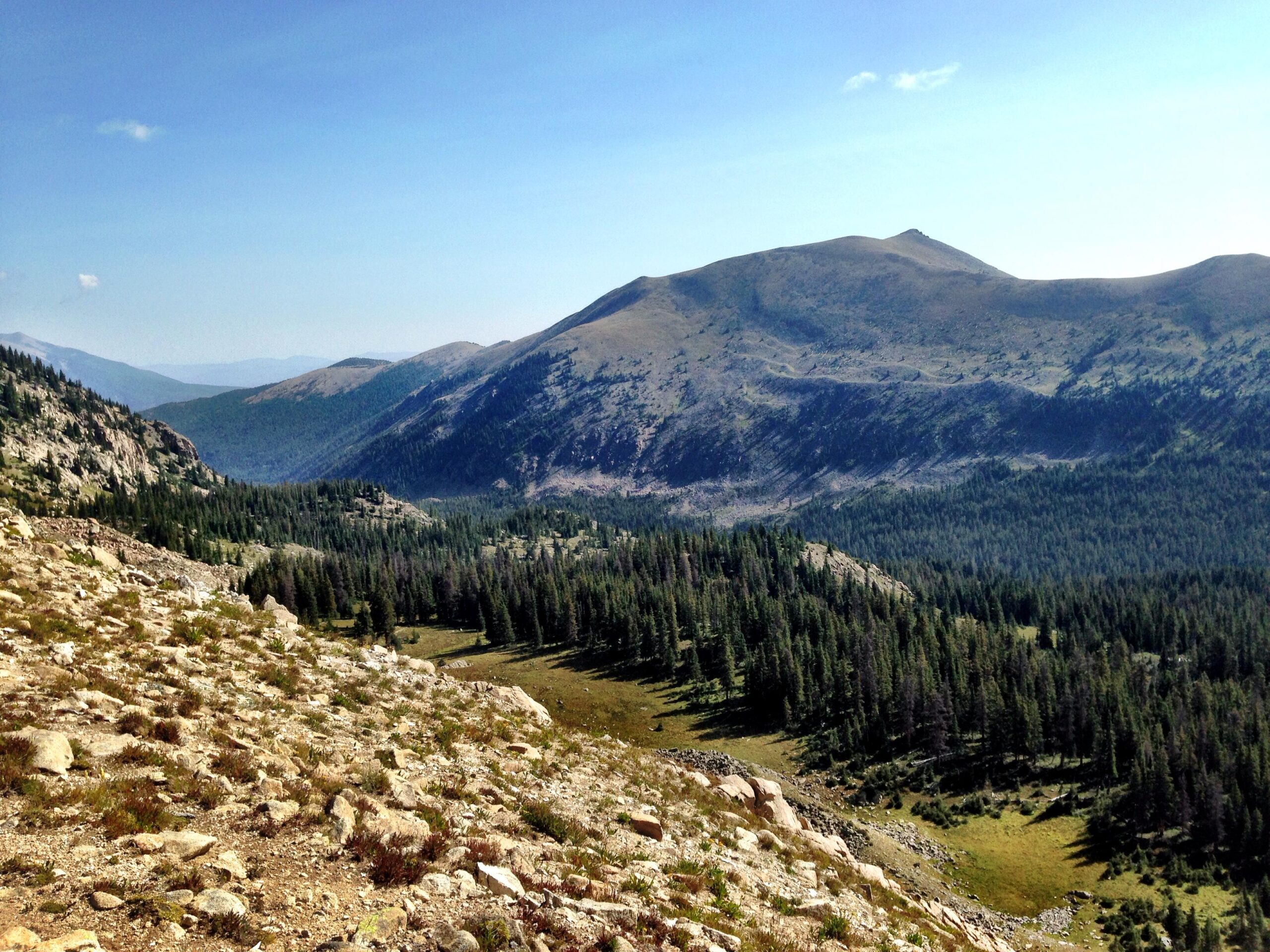 A panoramic view of a mountainous landscape featuring rugged, rocky slopes and dense evergreen forests under a clear blue sky. The scene captures rolling hills and a valley, with varying shades of green and brown. Monarch Crest Trail mountain bike trail.