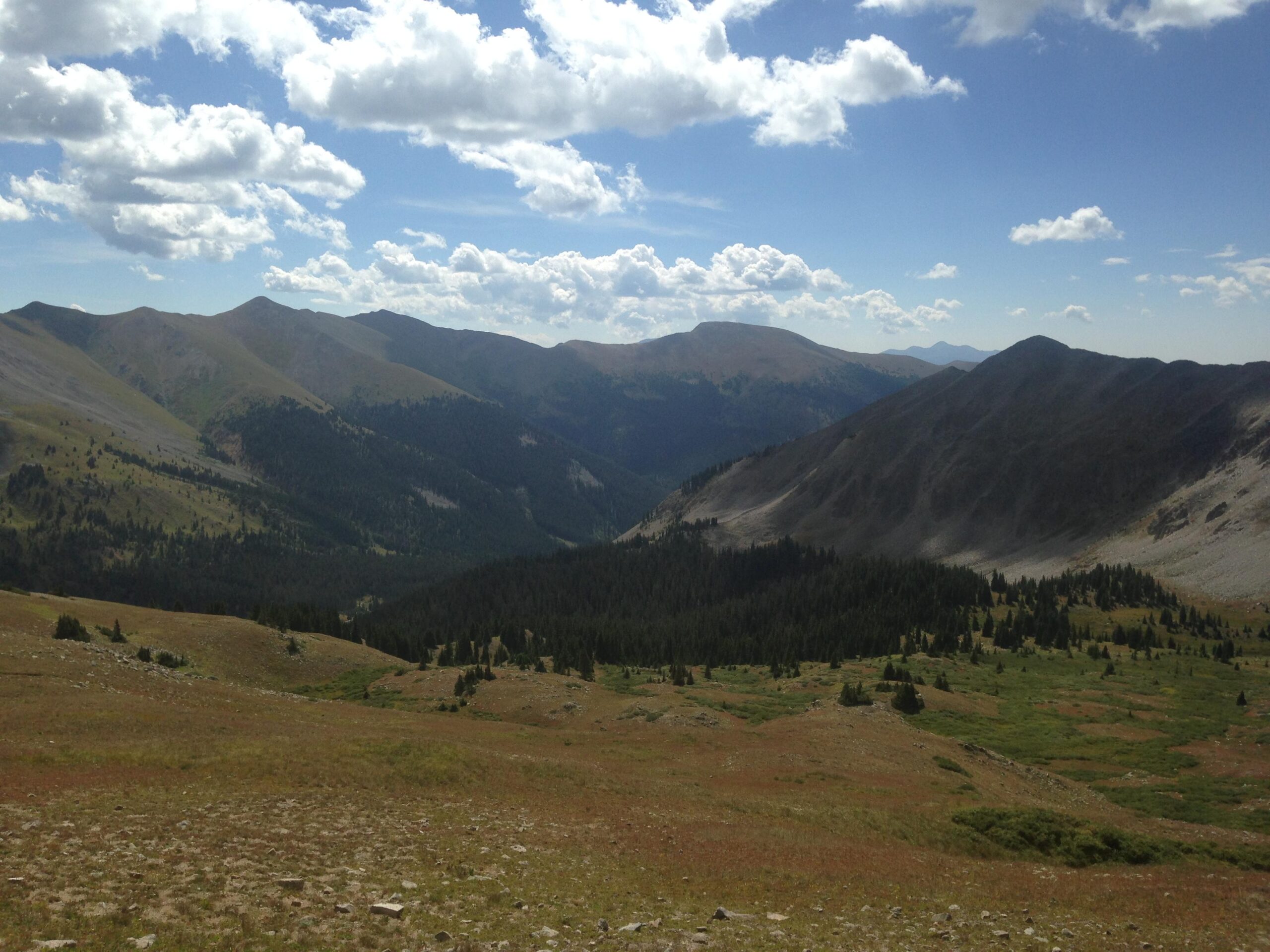 A panoramic view of rugged mountains under a partly cloudy sky, featuring rolling hills and a lush green valley with patches of trees. The landscape displays a mix of grassy and rocky terrain, highlighting the natural beauty of the wilderness. Canyon Creek Trail mountain bike trail.