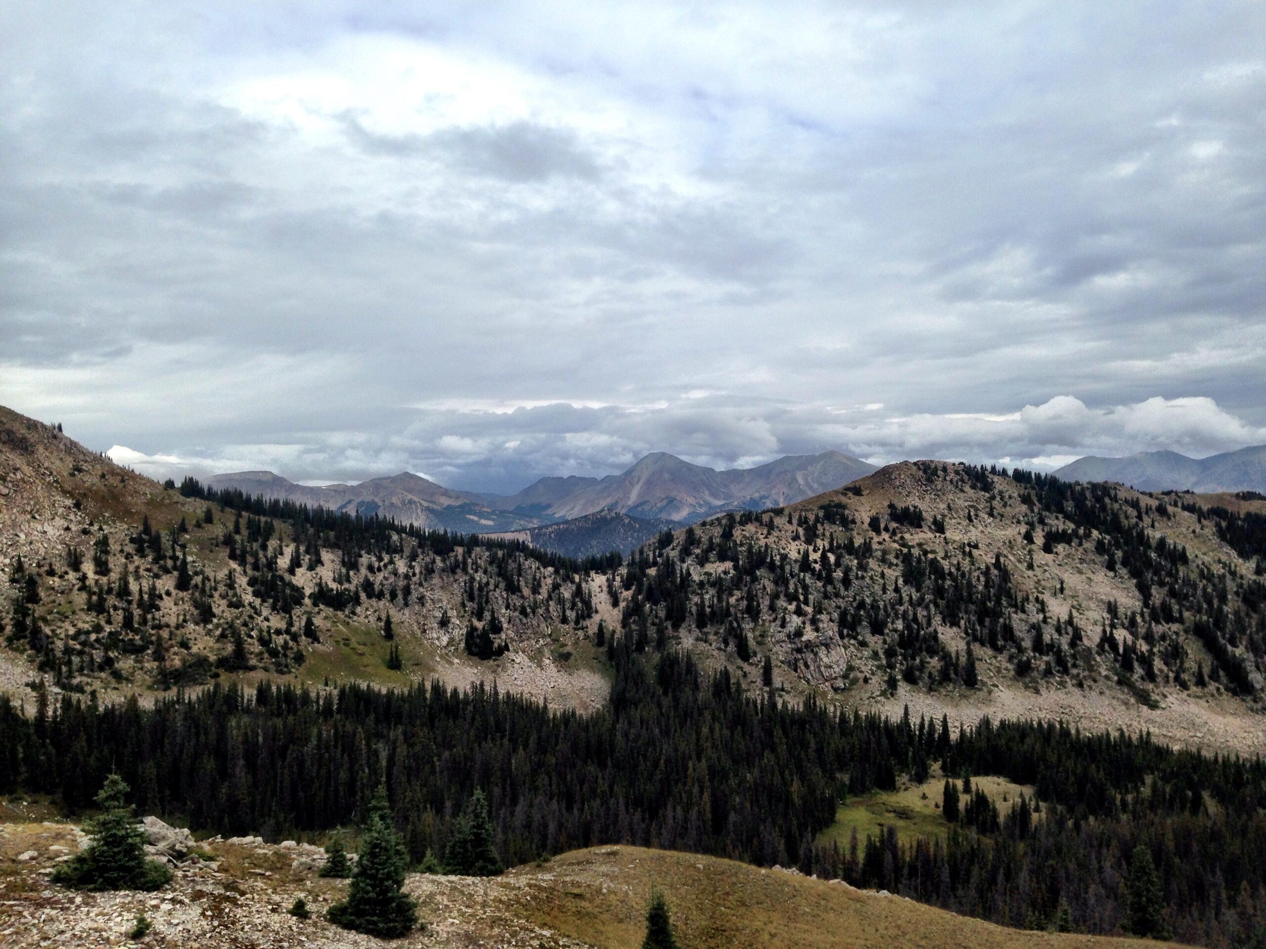 A panoramic view of a mountainous landscape featuring rolling hills, scattered evergreen trees, and a cloudy sky in the background. The terrain varies between rocky areas and patches of greenery, with distant mountain ranges visible on the horizon. Monarch Crest Trail mountain bike trail.