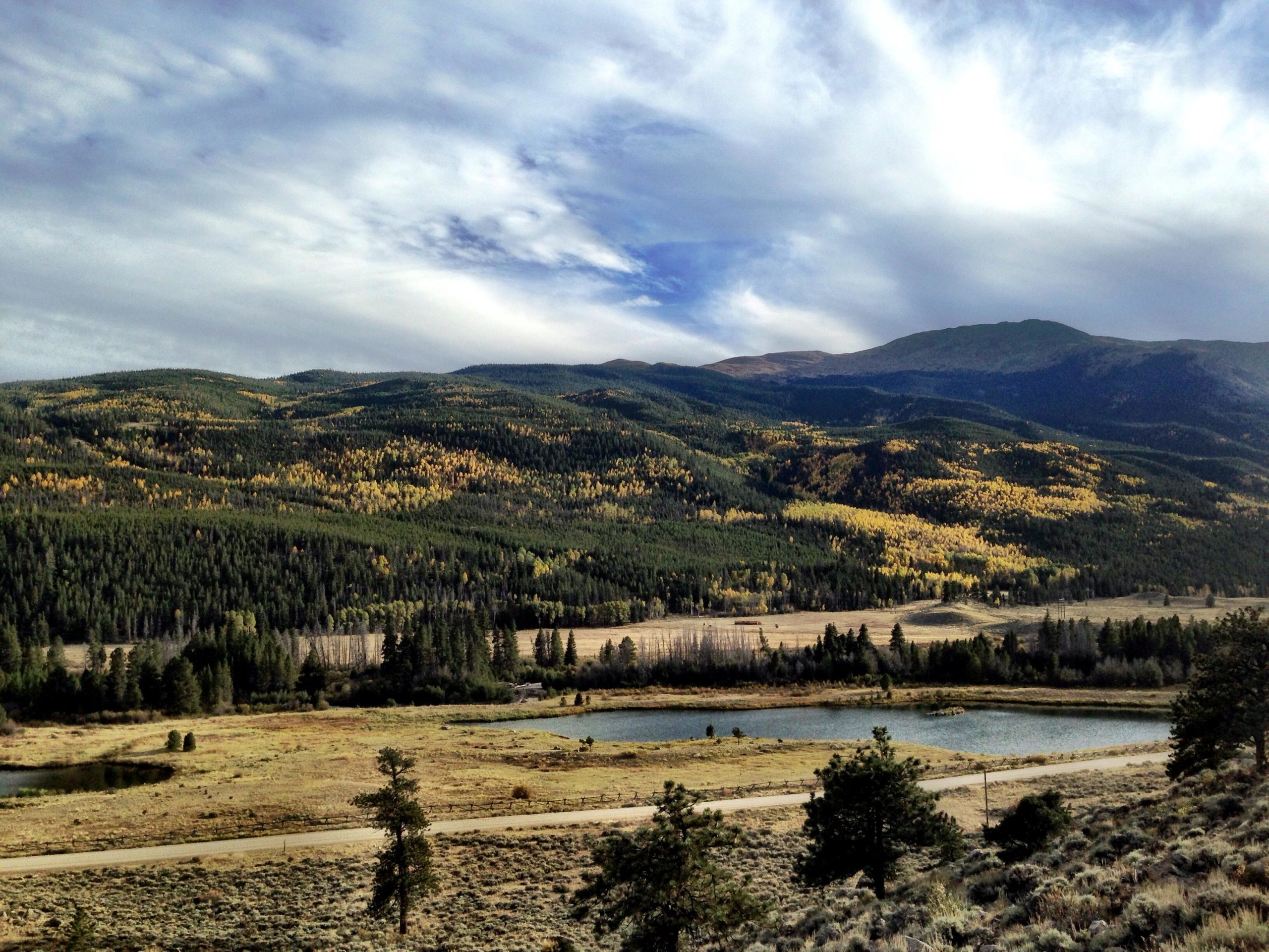A scenic landscape featuring rolling mountains covered in dense evergreen forests, with patches of yellow foliage indicating autumn. In the foreground, there are two small ponds and open fields, along with a dirt road meandering through the grassy area. The sky is partly cloudy, adding a serene atmosphere to the natural setting. Colorado Trail: Clear Creek Thd to Lake View CG / Hwy 82 mountain bike trail.