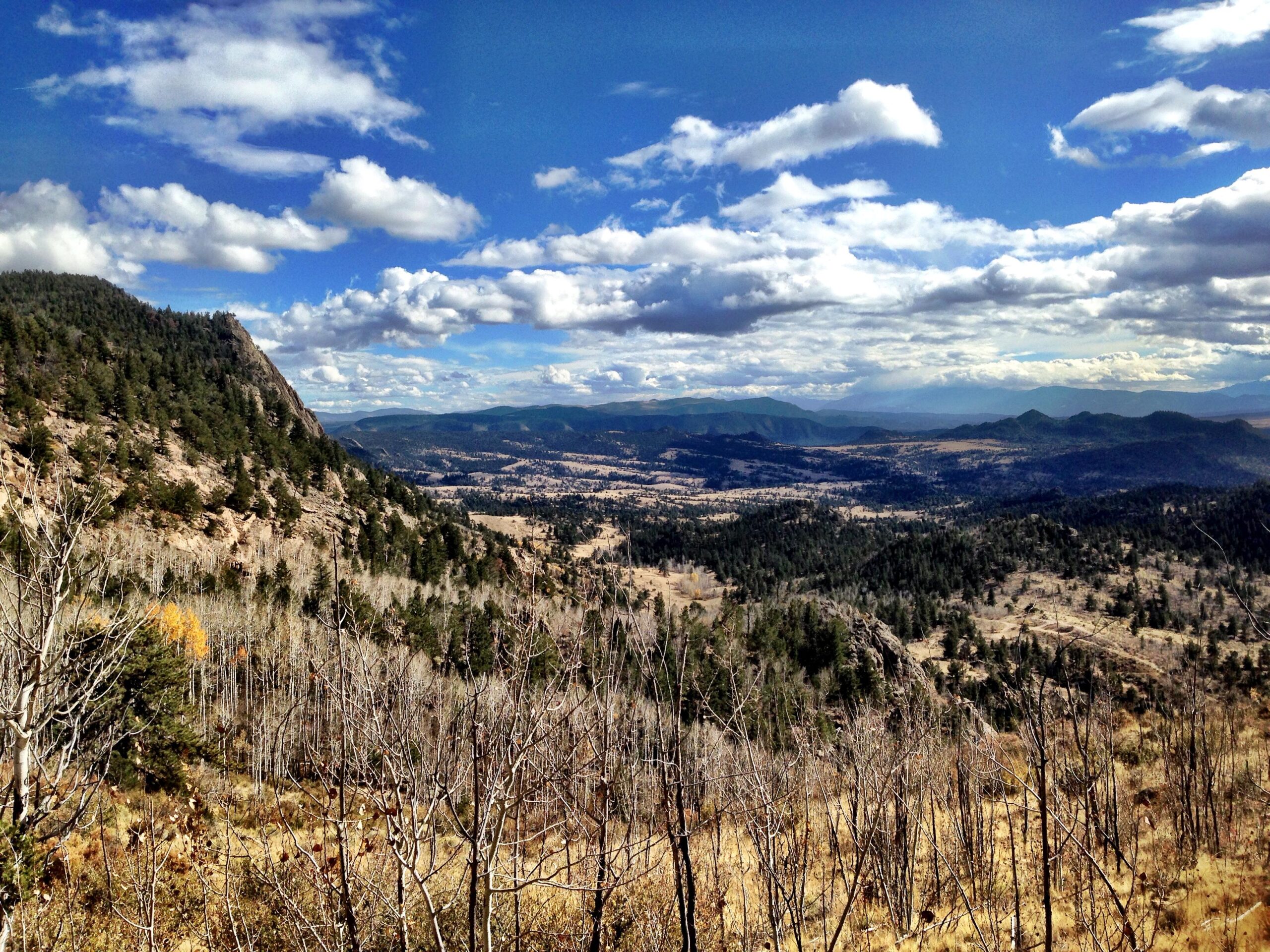 A panoramic view of a valley surrounded by mountains, featuring a mix of evergreen trees and bare branches. The sky is partly cloudy with blue patches, and the landscape shows a combination of green vegetation and golden grass, indicating autumn. Davis Meadow mountain bike trail.