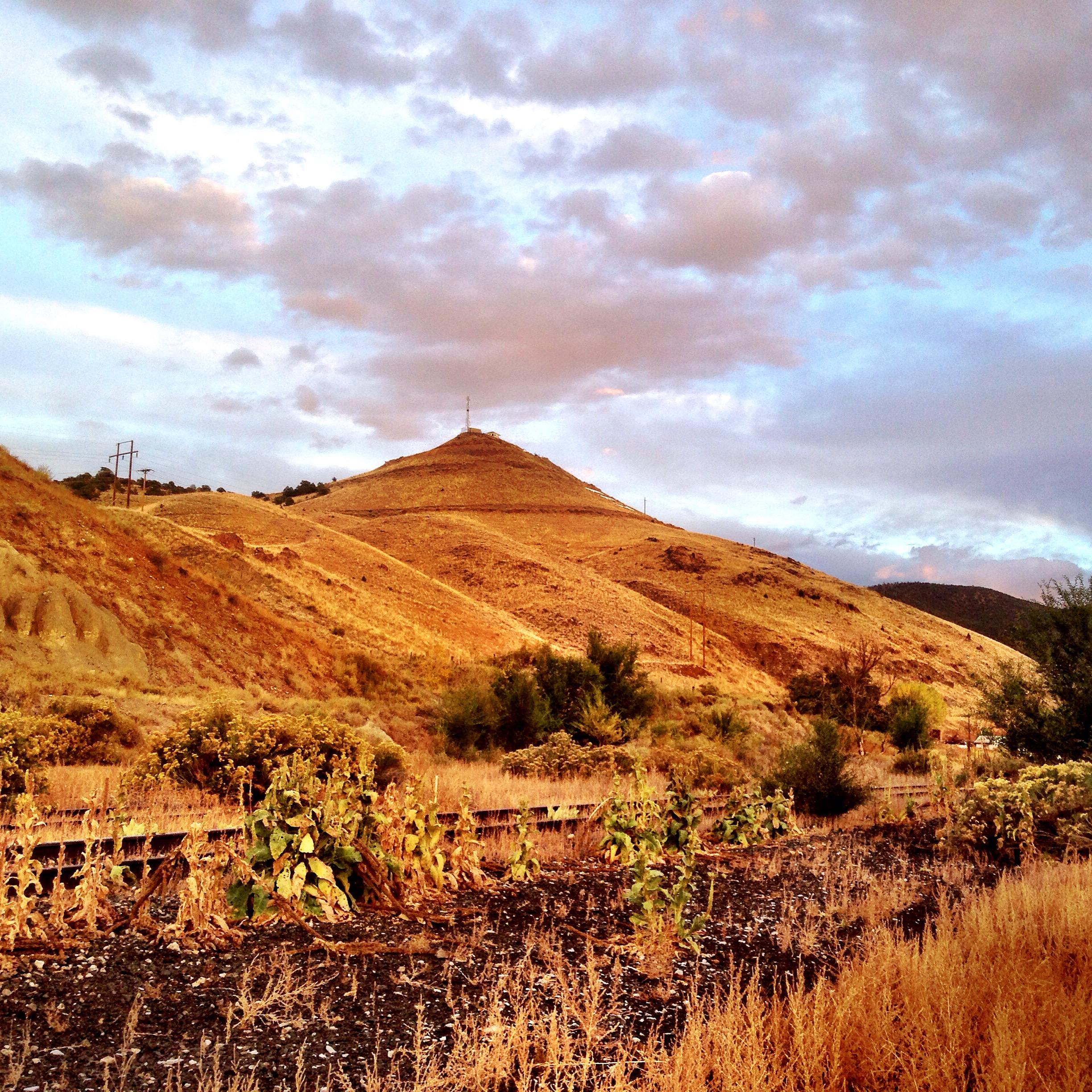 A scenic view of rolling golden hills under a cloudy sky, featuring a prominent hill with a communication tower at the summit. In the foreground, dry vegetation and patches of greenery are visible, along with remnants of an old railway track. The landscape conveys a tranquil yet rugged natural environment. Arkansas Hills mountain bike trail.