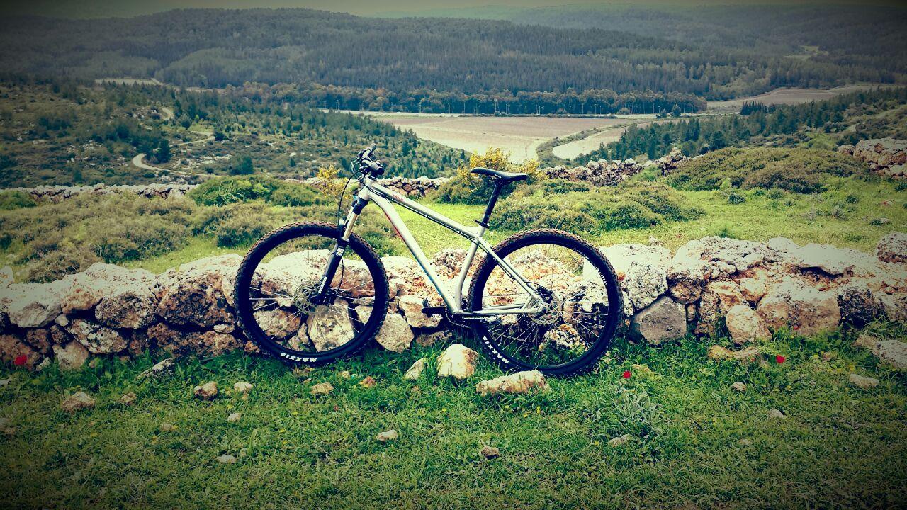 Kona Taro: A mountain bike resting against a stone wall, surrounded by green grass and wildflowers, with a scenic view of rolling hills and a winding road in the background.