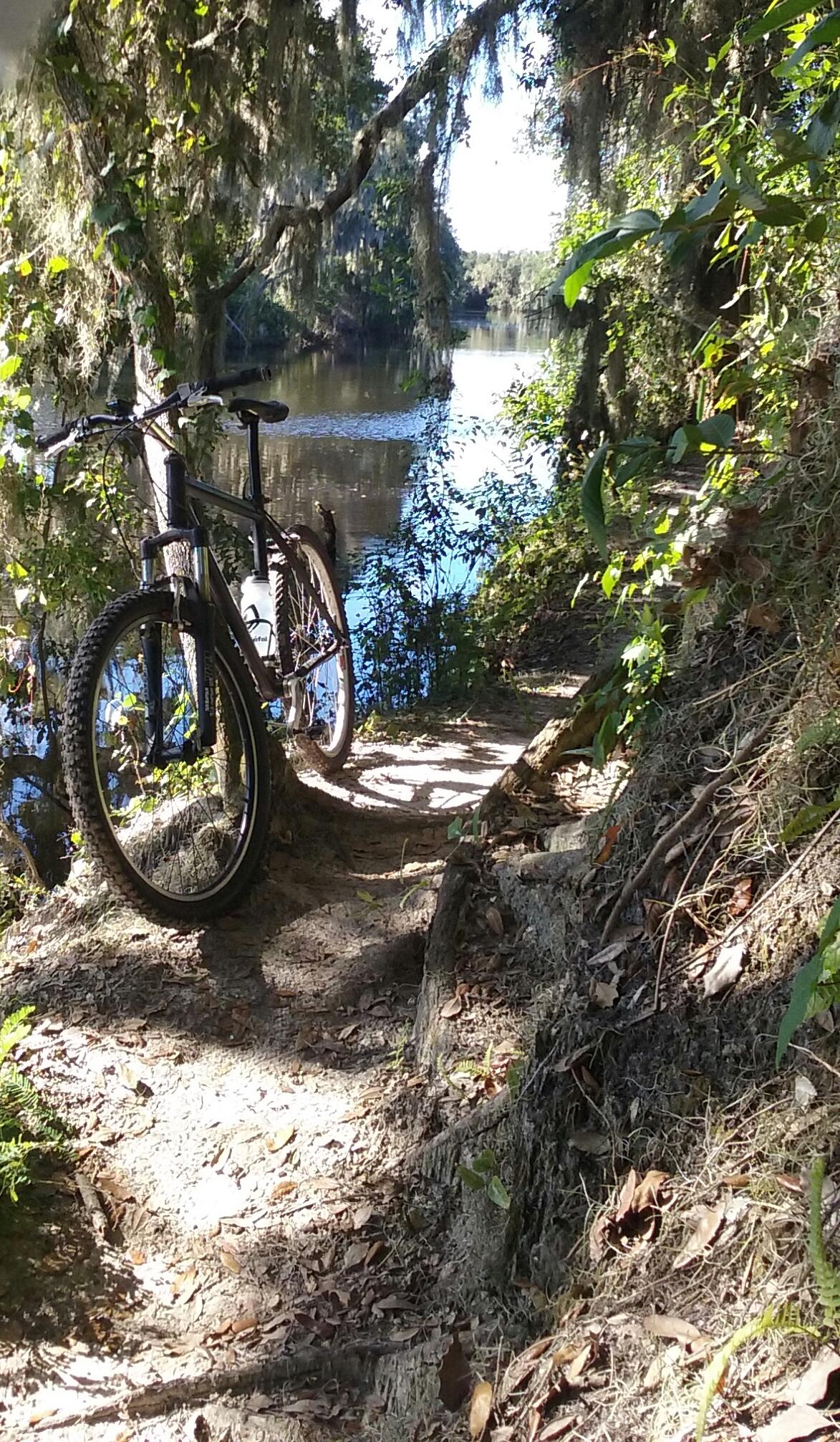 A mountain bike rests on a narrow dirt path alongside a serene river, surrounded by lush greenery and hanging moss. The peaceful waters reflect the clear sky, creating a tranquil outdoor scene perfect for cycling and nature exploration. Loyce E. Harpe Park mountain bike trail.