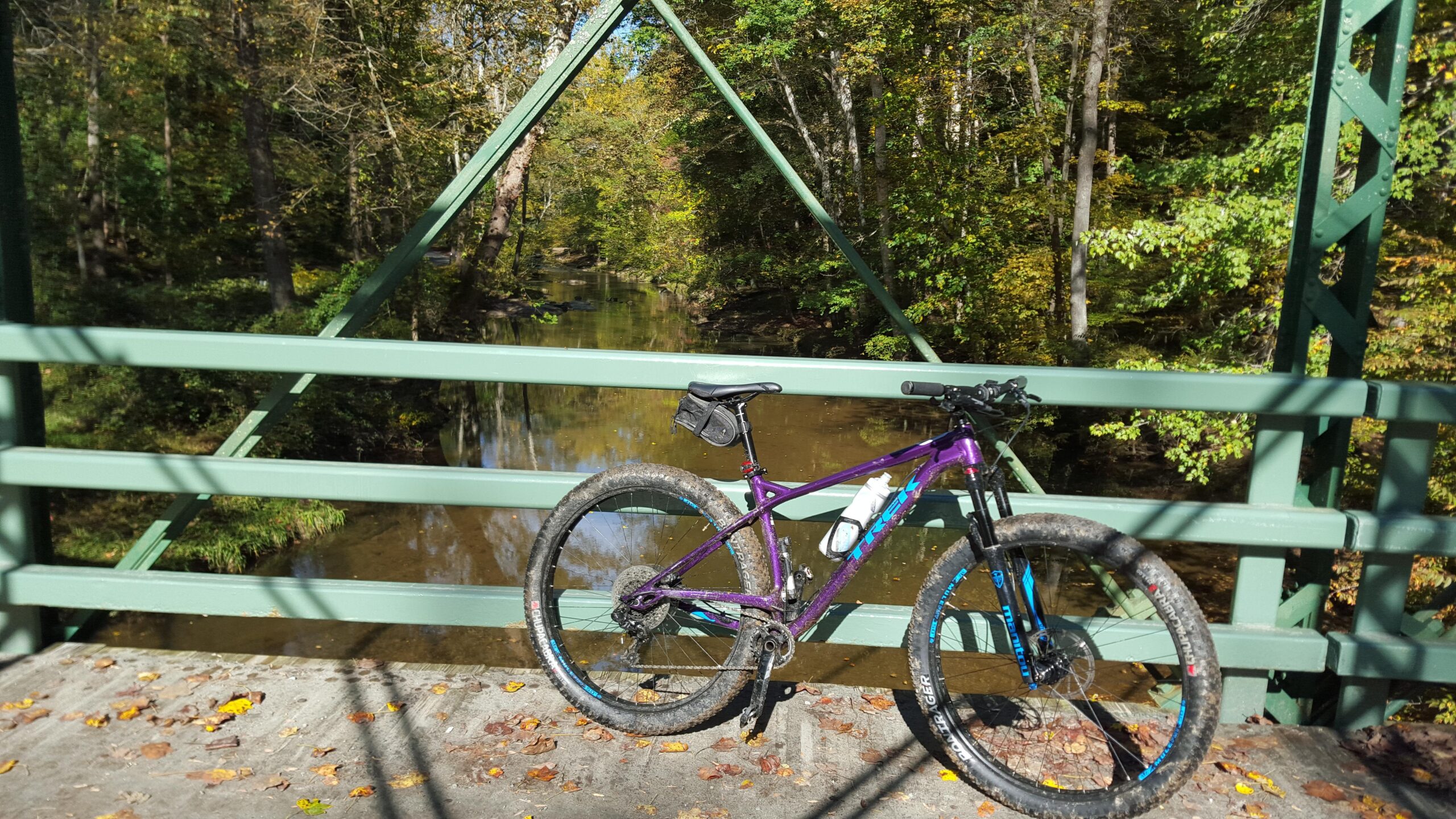 Trek Stache: A purple mountain bike with blue accents is resting on a wooden bridge, overlooking a serene creek surrounded by autumn foliage. The bridge features green metal railings, and the ground is scattered with fallen leaves, indicating a beautiful fall day.