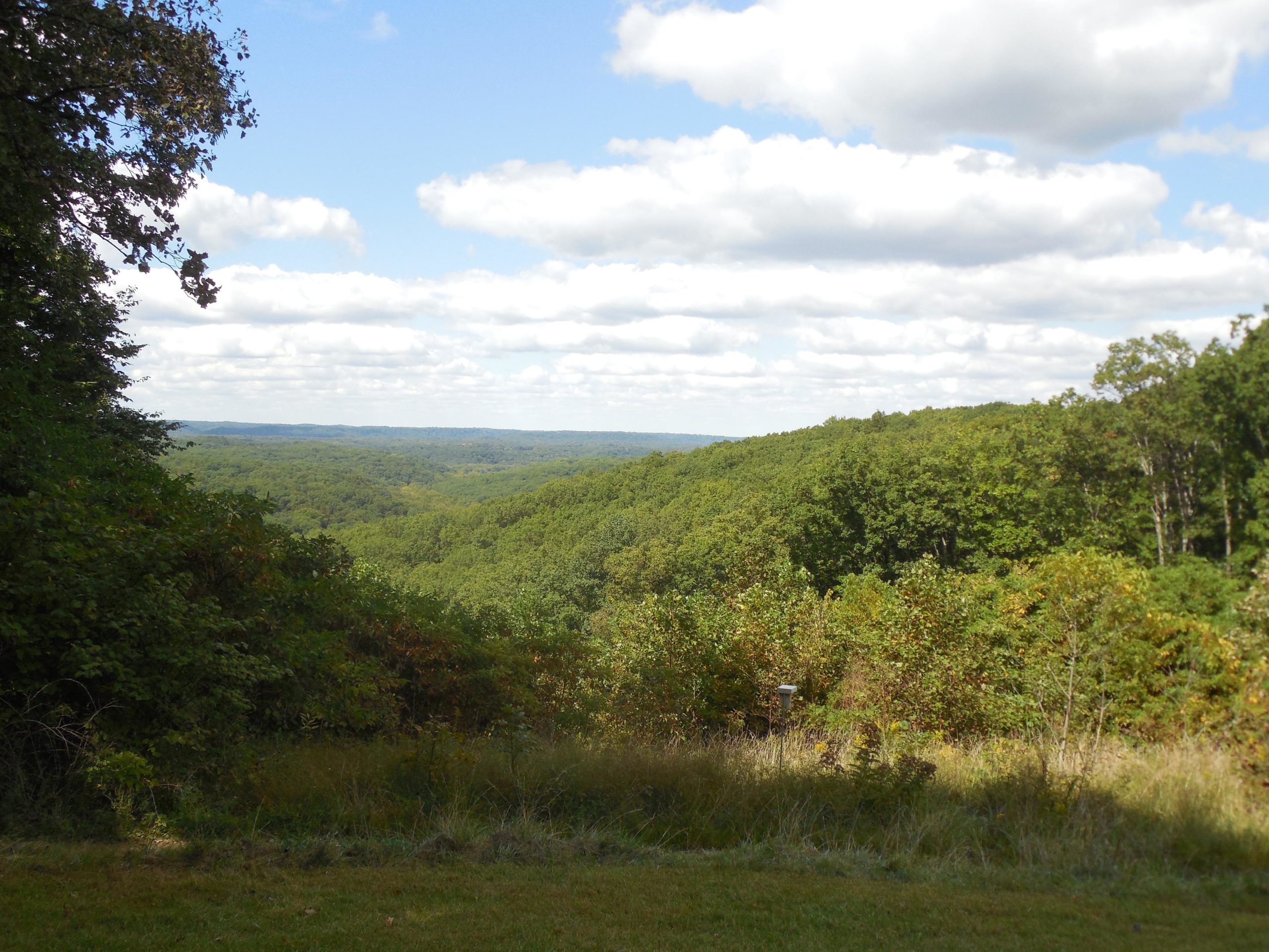 A panoramic view of lush, green hills under a blue sky filled with fluffy, white clouds. The landscape is dotted with trees and foliage, creating a serene and picturesque natural scene. Brown County Park mountain bike trail.