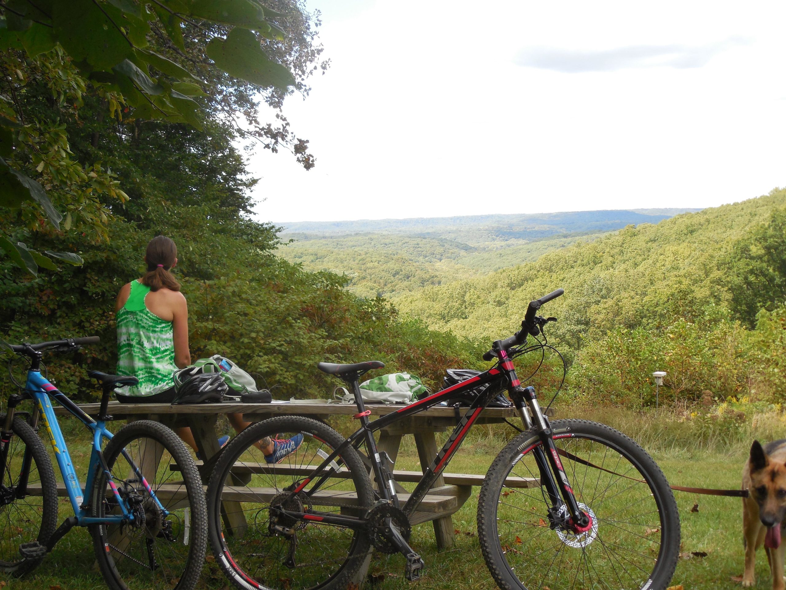 A person sitting on a picnic table overlooking a scenic landscape of rolling hills and lush greenery. Two mountain bikes are parked nearby, and a dog is seen on the right side of the image. The sky is partly cloudy, adding to the serene outdoor atmosphere. Brown County Park mountain bike trail.