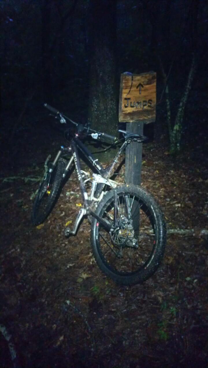 A mountain bike leaning against a wooden sign that reads "Jumps," set in a dimly lit forest environment with leaves and foliage on the ground. The scene conveys an adventurous atmosphere, likely indicating a trail for biking enthusiasts. Dwelling Loop mountain bike trail.