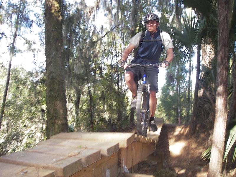 A mountain biker navigating a wooden bridge on a forest trail, surrounded by lush greenery and dappled sunlight. The rider is wearing a helmet and riding shorts while maintaining balance on the bike. Santos mountain bike trail.