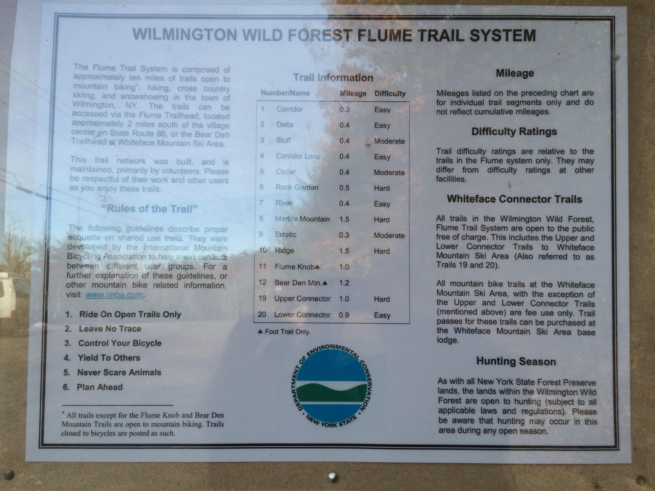 Alt text: A sign detailing the Wilmington Wild Forest Flume Trail System, including information on trail mileage, difficulty ratings, rules for trail usage, and hunting regulations. The sign lists various trail segments, their respective lengths, and difficulty levels, alongside guidelines for proper etiquette while using the trails. Flume Trails mountain bike trail.