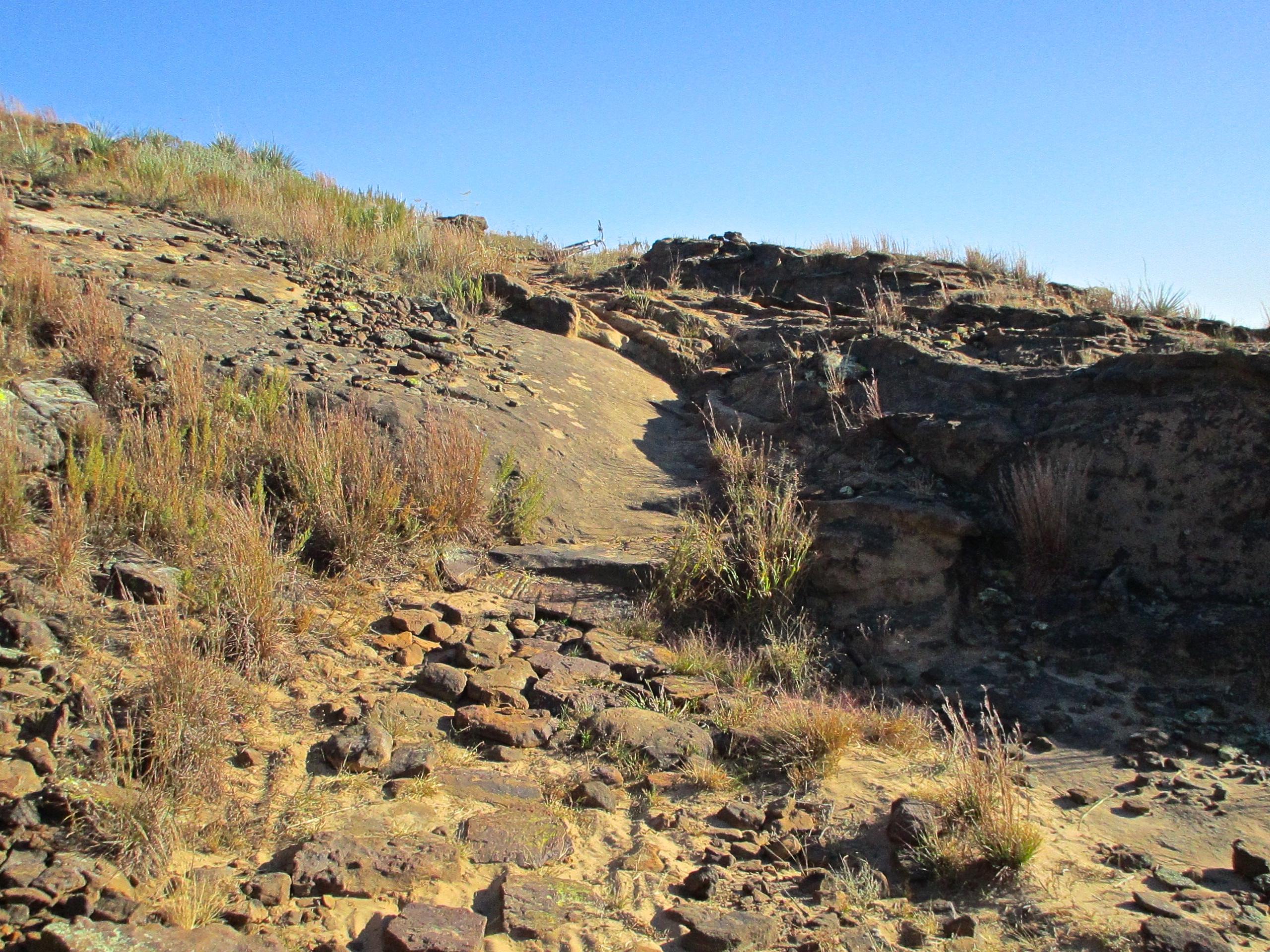 A rocky landscape with scattered stones and patches of dry grass on a sloping terrain, under a clear blue sky. Switchgrass mountain bike trail.