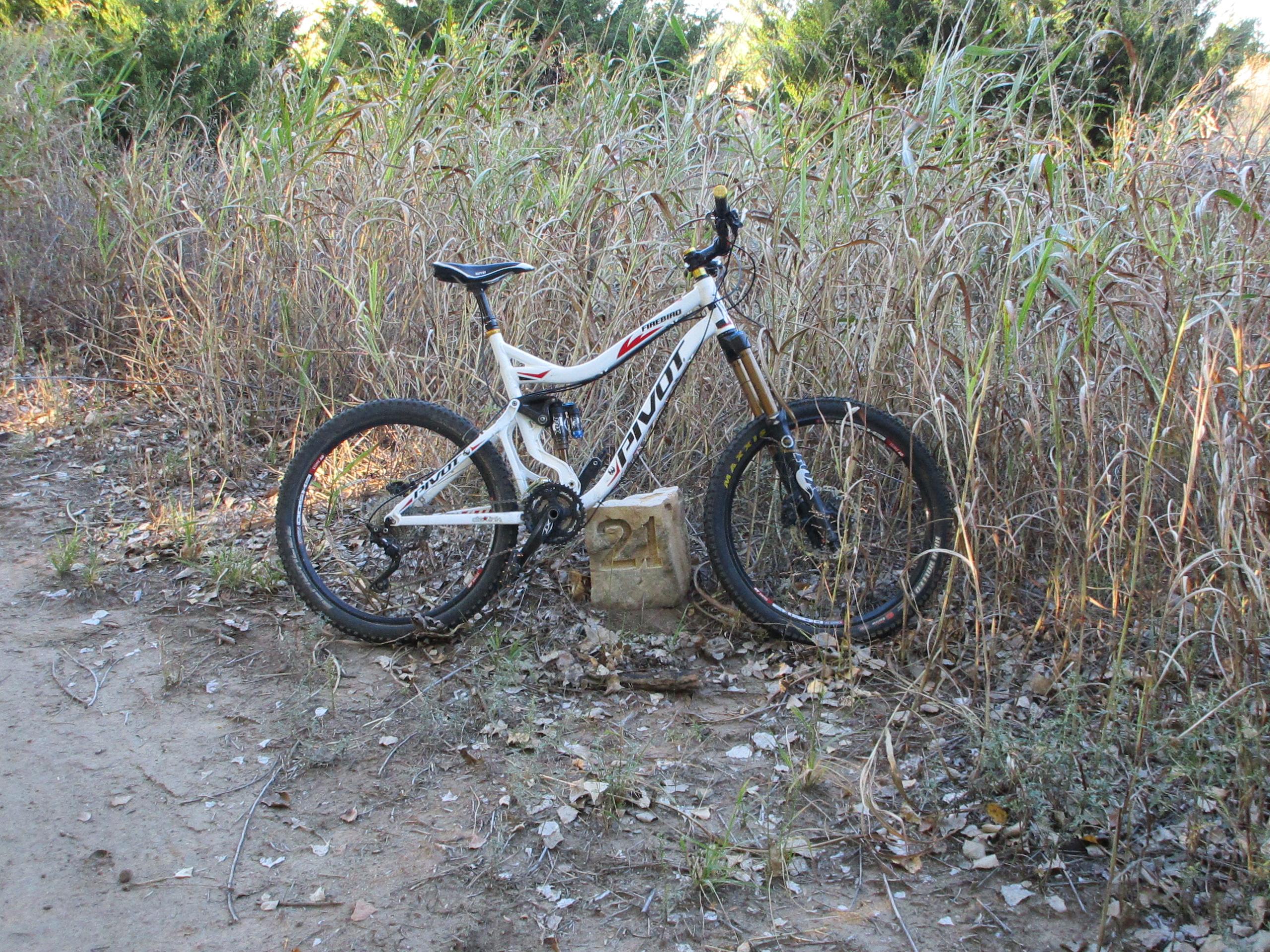 Pivot Firebird 2012: A mountain bike leaning against a stone marker numbered "21," surrounded by tall grass and foliage, on a dirt path.