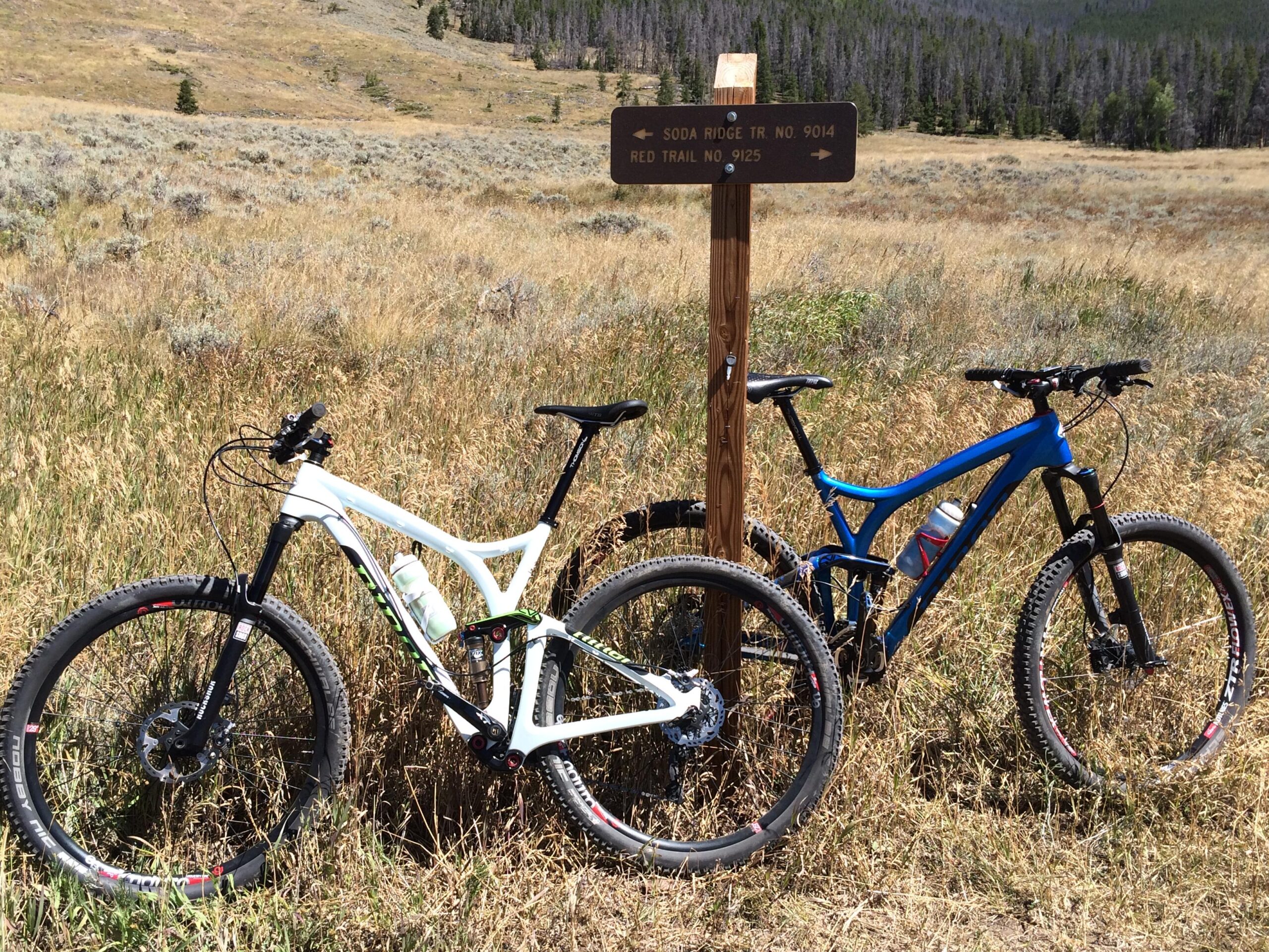 Niner R.I.P. 9 RDO: Two mountain bikes, one white and one blue, are parked beside a wooden trail sign indicating "Soda Ridge Tr. No. 9014" and "Red Trail No. 9125." The surrounding area features tall grass and sparse trees, indicating an outdoor trail setting.